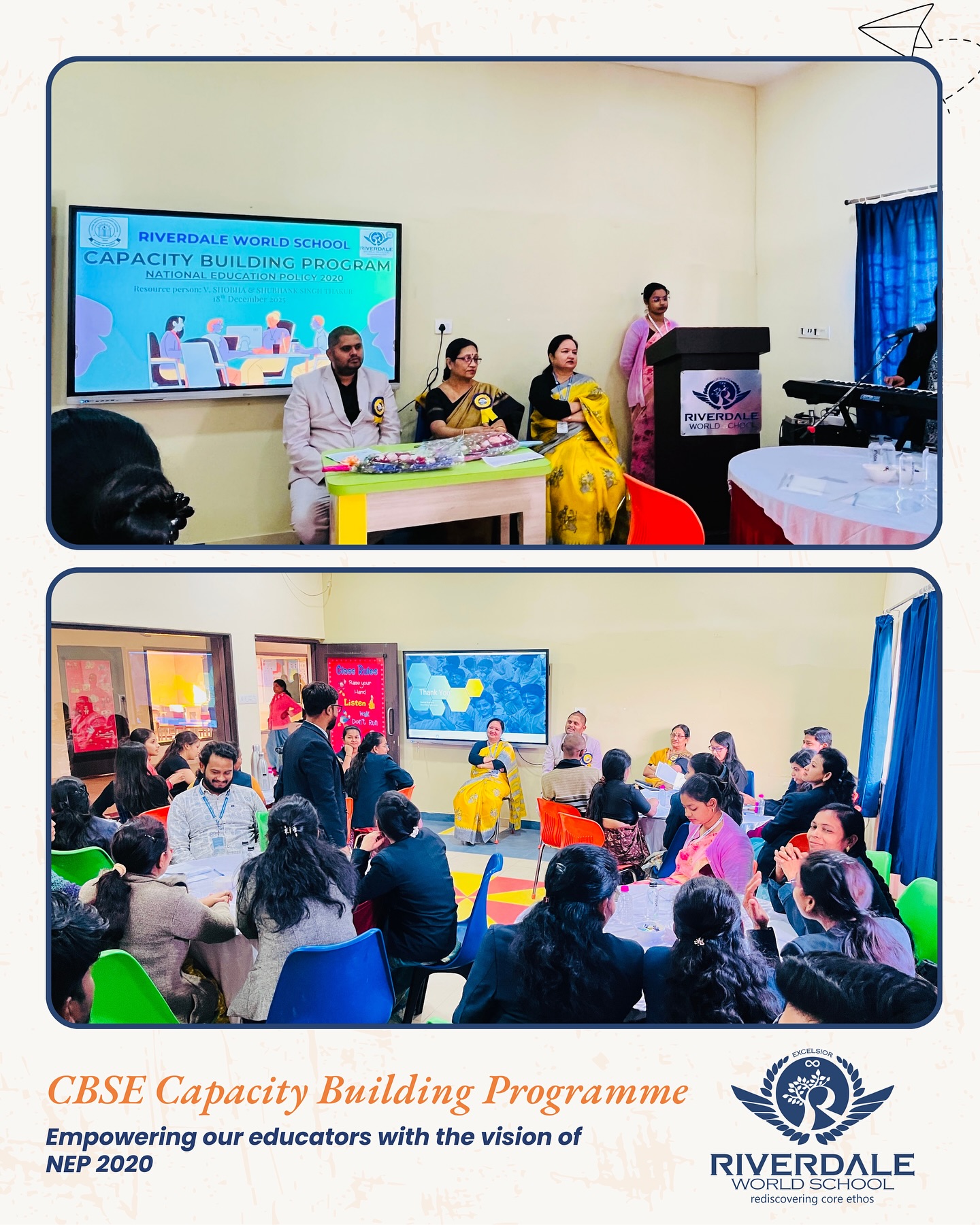 Empowering our educators with the vision of NEP 2020 🌱
Riverdale World School proudly hosted the CBSE Capacity Building Programme, focused on strengthening teaching practices and nurturing future-ready learning environments.
Because when teachers grow, education evolves.✨💫
#RiverdaleWorldSchool
#RWS
#NEP2020
#CBSECapacityBuilding
#TeacherTraining
#ProfessionalDevelopment
#EmpoweringEducators
#QualityEducation
#FutureReadyTeachers
#EducationLeadership
#CBSESchool
#LearningNeverStops
#TeacherEmpowerment
#HolisticEducation
#AcademicExcellence
#IndianEducation
#SchoolDevelopment
#EducationTransformation✨
