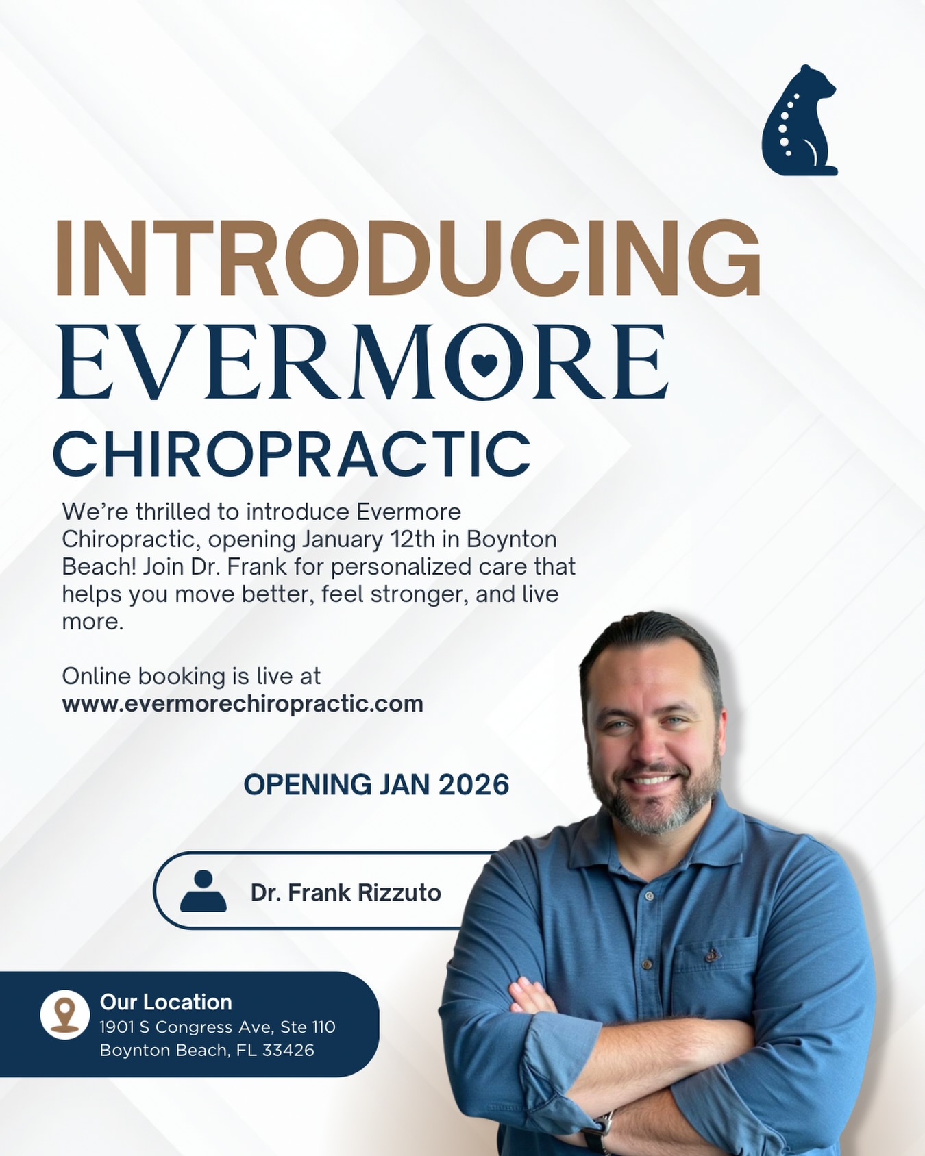 Big news we’ve been waiting to share 🎉
Dr. Frank is opening his own practice in Boynton Beach, and we couldn’t be more excited (or proud).
Evermore is all about personalized care, helping you move better, feel stronger, and get back to doing the things you love. No rushed visits. No cookie-cutter adjustments. Just thoughtful care that actually fits your life.
📍 Boynton Beach
🗓 Opening January 2026
💻 Online booking is live at evermorechiropractic.com
This one’s a heart project. Can’t wait to welcome you in. 💙. #boyntonbeach #chiropractor #boyntonbeachchiropractor #palmbeachcounty #SouthFloridaChiropractor