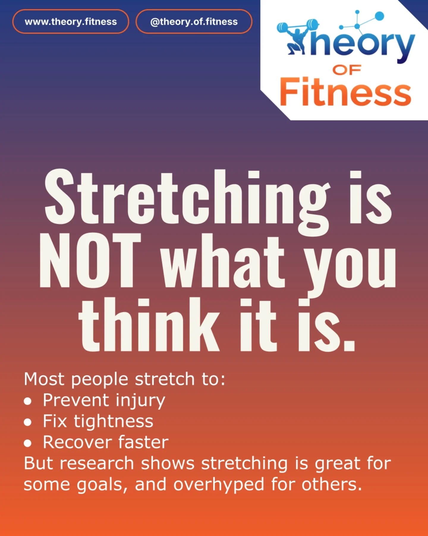 Stretching isn't bad. It's just misunderstood.
Most people stretch because they think it: Prevents injury Fixes pain Speeds up recovery
But the research tells a different story.
Stretching mainly improves range of motion - not resilience. Your body adapts to load, not long holds on the floor.
If you want to train pain-free and perform better, you need: Smart warm-ups Strength at end range Tissues that can tolerate stress
That's how I coach my clients. Not guesswork. Not trends. Principles.
Contact me for more information!
#fitness #personaltrainer #stretch #workout #gym