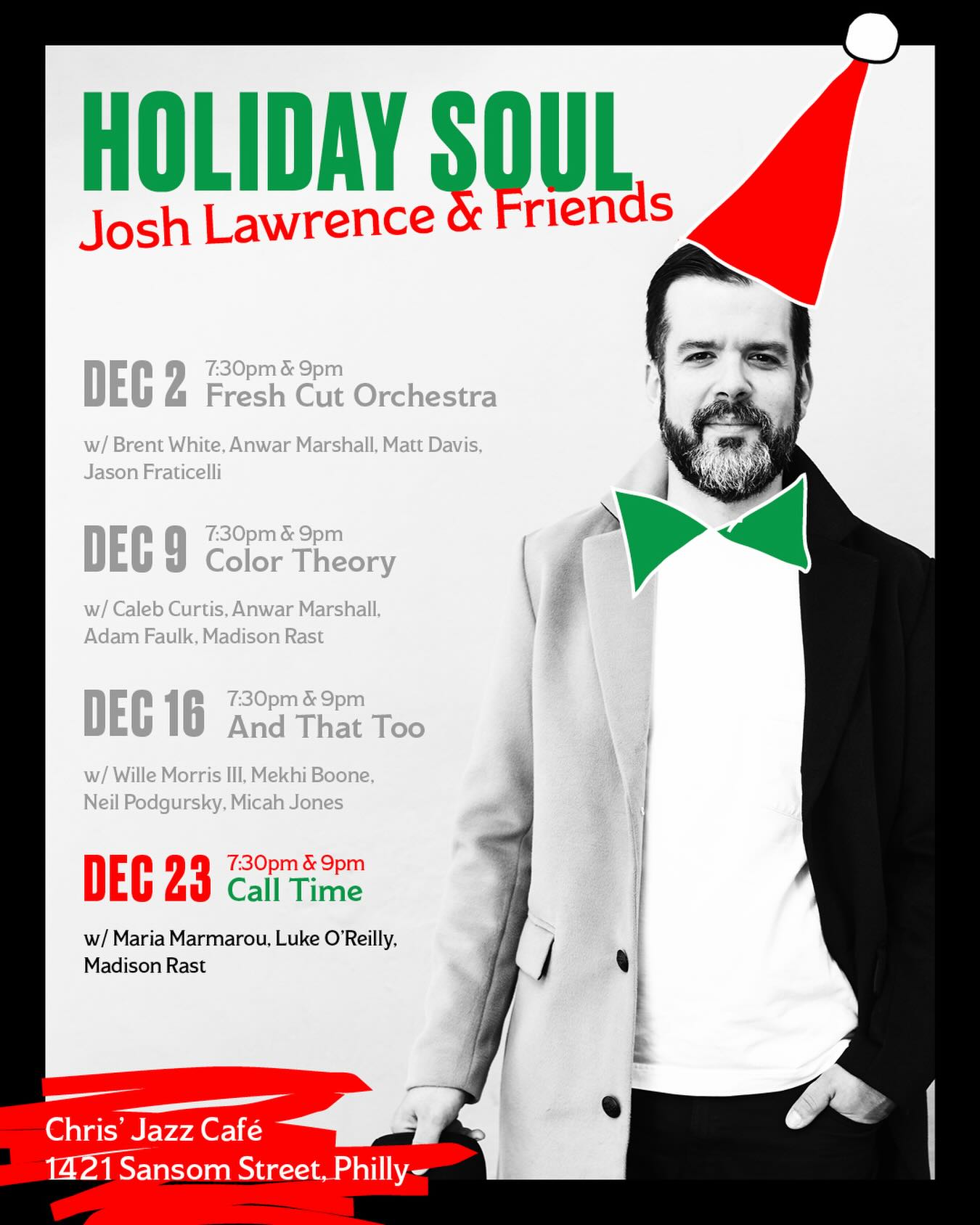 Holiday Soul wraps Tuesday at @chrisjazzcafe w/ @drummingsquirrel @lukecarlosoreilly @mad_is_on_bass Join us on the eve of Christmas Eve in the house or online #philly #jazz #trumpet photo and design by @olabaldych