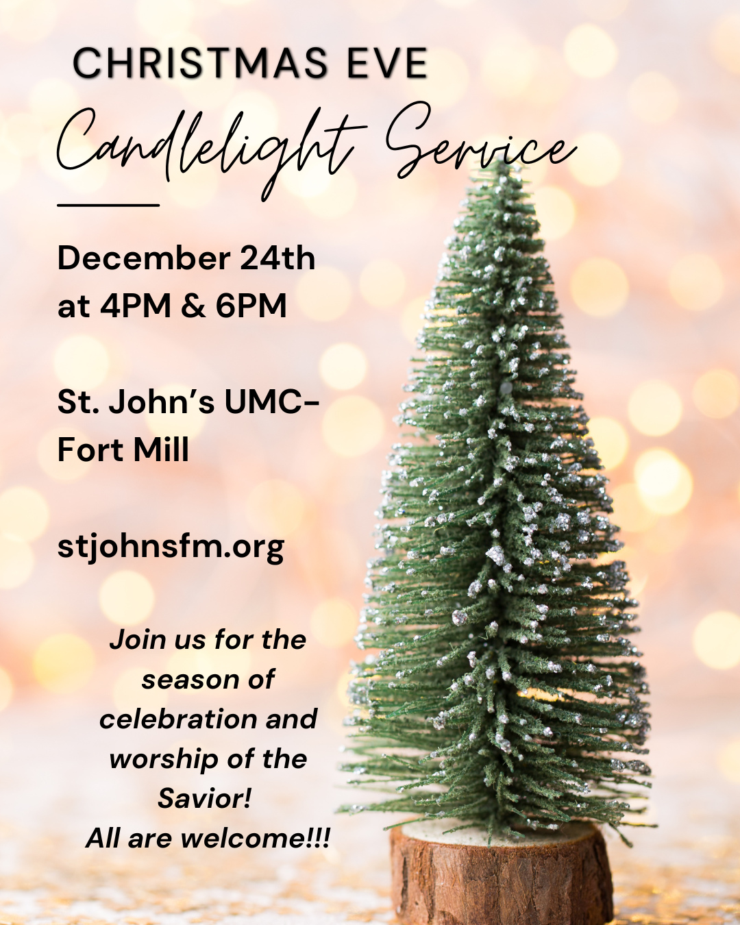 Looking for a meaningful way to celebrate Christmas Eve? 🎄
Join us for one of our candlelight services at 4:00 or 6:00 PM.
A beautiful night for all ages—everyone is welcome!