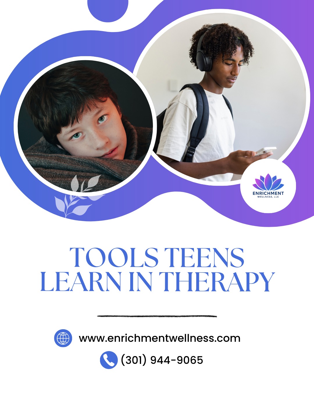 Therapy gives teens tools for life — not just for now.
Schedule a therapy session and give your teen tools that last a lifetime.
www.enrichmentwellness.com | (301) 944-9065
#teentherapy #LifeSkills #emotionalgrowth #MindfulTeens