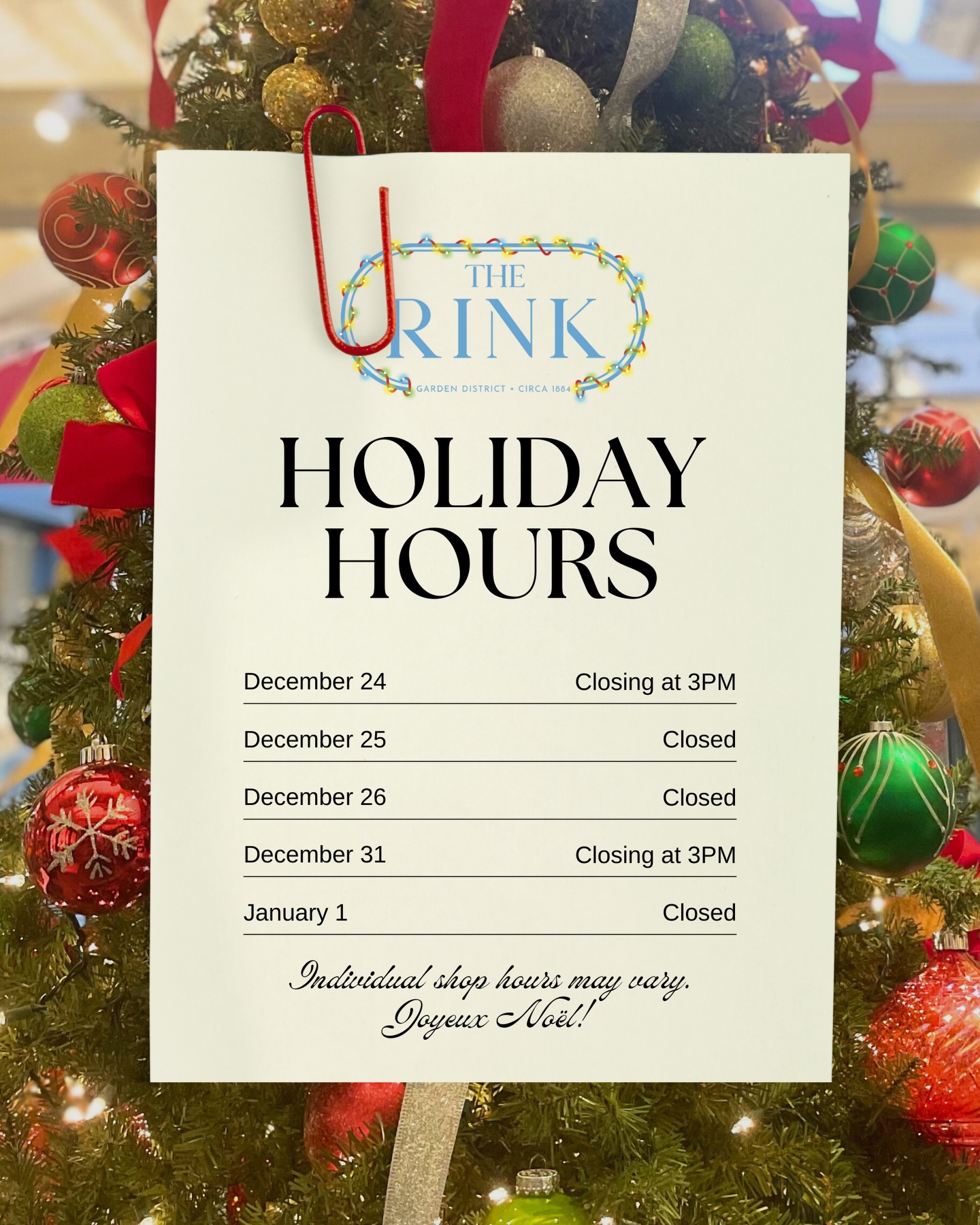 Planning a holiday visit to The Rink? 🎄 Our seasonal building hours are now available (individual shop hours may vary).
**Please note that Caroling with the New Orleans Opera Association on Tuesday, December 23 has been cancelled.
See you soon!