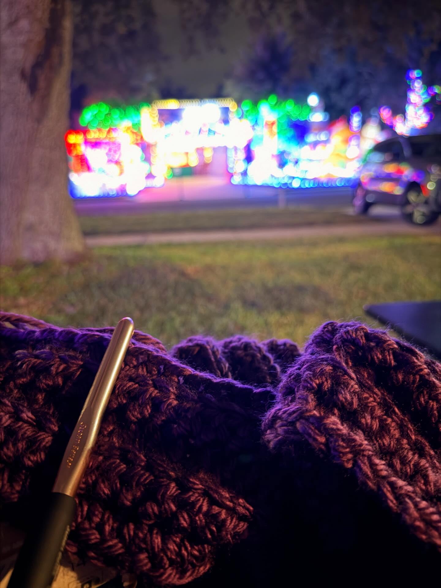 Our neighbors like Christmas A LOT!!! Crocheting and people watching on a chilly Florida winter evening.