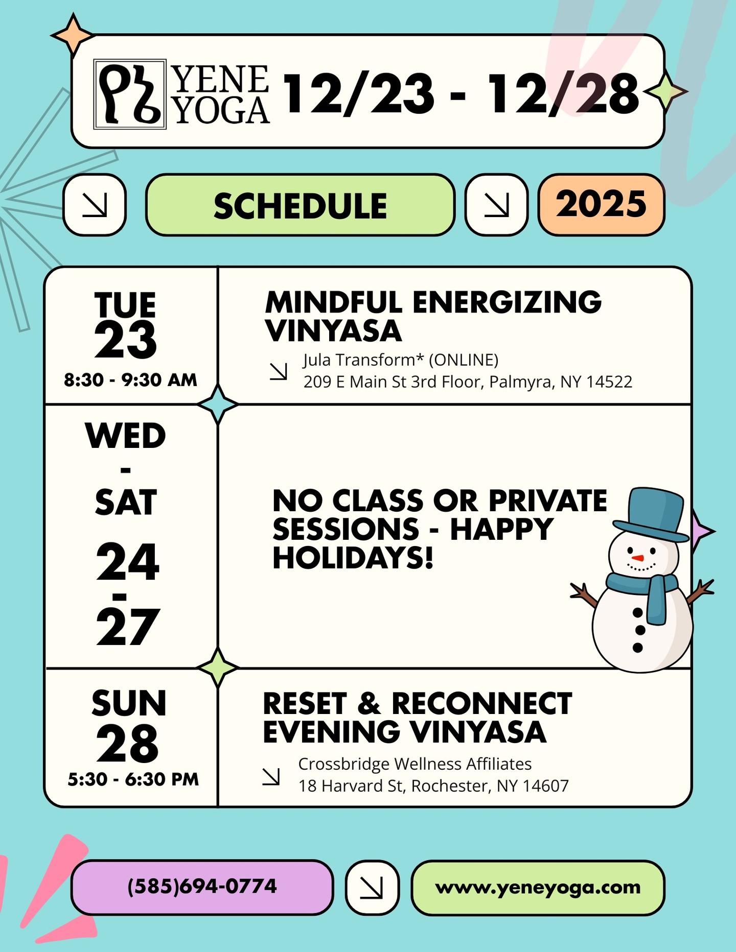 The new Yene Yoga newsletter is now live! Read on at the link below for an invitation to rest and an ancient mantra honoring our eternal light:
https://www.yeneyoga.com/so/68Pj8pQmH?languageTag=en
📆This week's schedule:
🌌Tuesday 12/23
✨Mindful Energizing Vinyasa (ONLINE ONLY)
8:30 - 9:30 AM EST
Jula Transform
Held ONLINE
$10 flat-rate
Please book at least 30 min* before
🌌Wednesday 12/24
NO CLASS / NO PRIVATE SESSIONS
🌌Thursday 12/25
NO CLASS / NO PRIVATE SESSIONS
🌌Friday 12/26
NO CLASS / NO PRIVATE SESSIONS
🌌Saturday 12/27
NO CLASS / NO PRIVATE SESSIONS
🌌Sunday 12/28
✨Reset & Reconnect Evening Vinyasa
5:30 - 6:30 PM EST
Crossbridge Wellness Affiliates
18 Harvard St, Rochester, NY 14607
$10/$15/$20 Sliding Scale pricing
🌌Monday 12/29
NO PUBLIC CLASSES - PRIVATE SESSIONS AVAILABLE
#rochesterny #rochesteryoga #vinyasa #gentle #beginners #yoga #rest