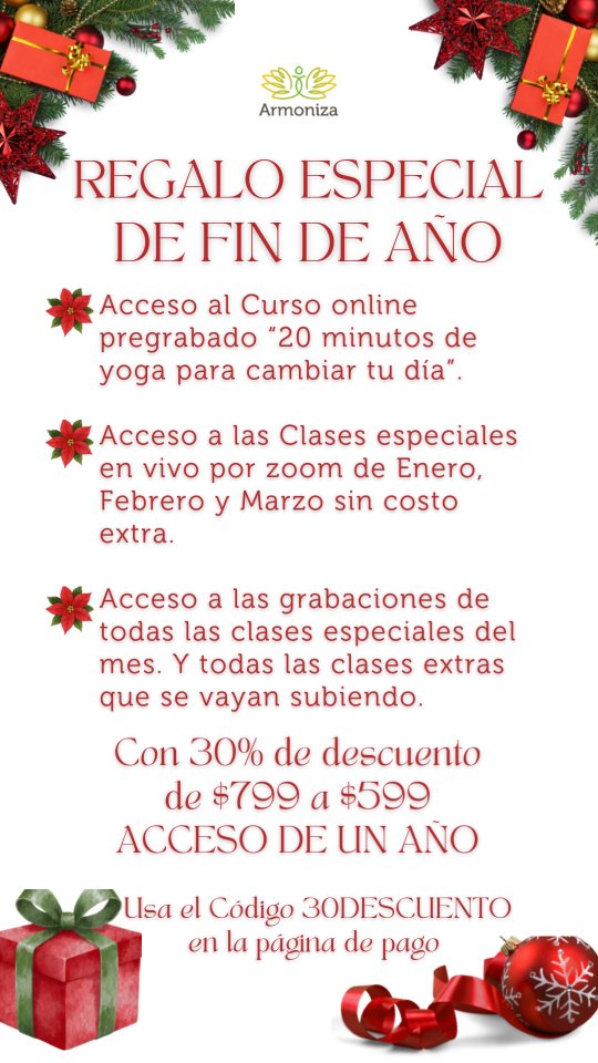 ¡Felices fiestas! Gracias por un año de crecimiento juntas 🫶🏻💕 Para cerrar el año con broche de oro quiero que todas logremos un momento para movernos y sentirnos mejor cada día. Por eso les comparto este acceso. Mi curso online Pregrabado por un año + clases especiales en vivo por zoom de enero, febrero y marzo sin costo extra + la biblioteca de todas las grabaciones de las clases especiales de este año. Y con un 30% de descuento. Checa la info en el enlace en historias, comentarios o en mi biografía. Y en la página de pago usa el Código 30DESCUENTO válido hasta el 6 de enero. Un súper regalo para ti o para alguien querido 🫶🏻🥰✨🙌🏻 ¡Feliz navidad y año nuevo!!!
#navidad #añonuevo #regaloperfecto #regalos #yoga
