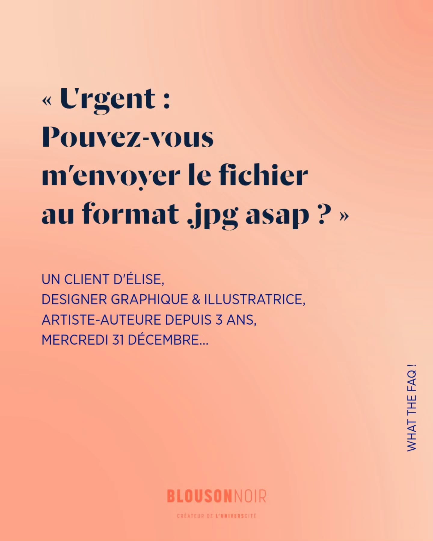Dans #WhatTheFAQ, je partage des conseils actionnables pour répondre aux questions/remarques surprenantes de vos clients/es, prestataires, proches…
😑 Ces demandes sont parfois intentionnelles, plus ou moins habilement énoncées par votre interlocuteur/trice, pour vous emmener là où il/elle le souhaite.
😅 Mais majoritairement, elles sont lancées tel un automatisme :
• sans y avoir réfléchi,
• sans penser aux conséquences pour vous,
• sans que votre interlocuteur/trice ne se demande si cette exigence serait acceptable pour lui/elle-même,
• et bien souvent, en affirmant des idées reçues « C’est normal ! », « C’est la manière de procéder depuis des années ! », « Les autres freelances acceptent, pourquoi pas vous ? »…
🚨 Ce n’est pas parce que ces comportements sont répandus qu’ils sont pour autant acceptables. 🚨
Je pointe ces habitudes pour nous questionner chacun/e (tant dans le rôle du prestataire que dans celui du/de la client/e) sur les pratiques abusives, les remarques désagréables, les avis non sollicités, que nous entendons régulièrement. 😱
Je pointe ces usages en toute bienveillance. Soyons honnêtes, cela peut arriver à tout le monde de :
• formuler maladroitement une demande 😅
• répondre favorablement à une mauvaise pratique car nous ne savons pas comment refuser (ou que nous ne l’avons pas identifiée comme telle sur le moment).
Retrouvez des conseils directs dans ce carrousel pour vous aider à :
👀 Prendre conscience que ce n’est pas normal,
🤯 Ne plus être déstabilisé/e ou affecté/e,
😉 Savoir comment répondre !
💬 Comment répondez-vous ?
Vos conseils peuvent être utiles à d’autres entrepreneurs/es créatifs/ves. 🙏
#RelationClient #RespectCreation #EntrepreneuriatCreatif #FormationEntrepreneuriatArtistique