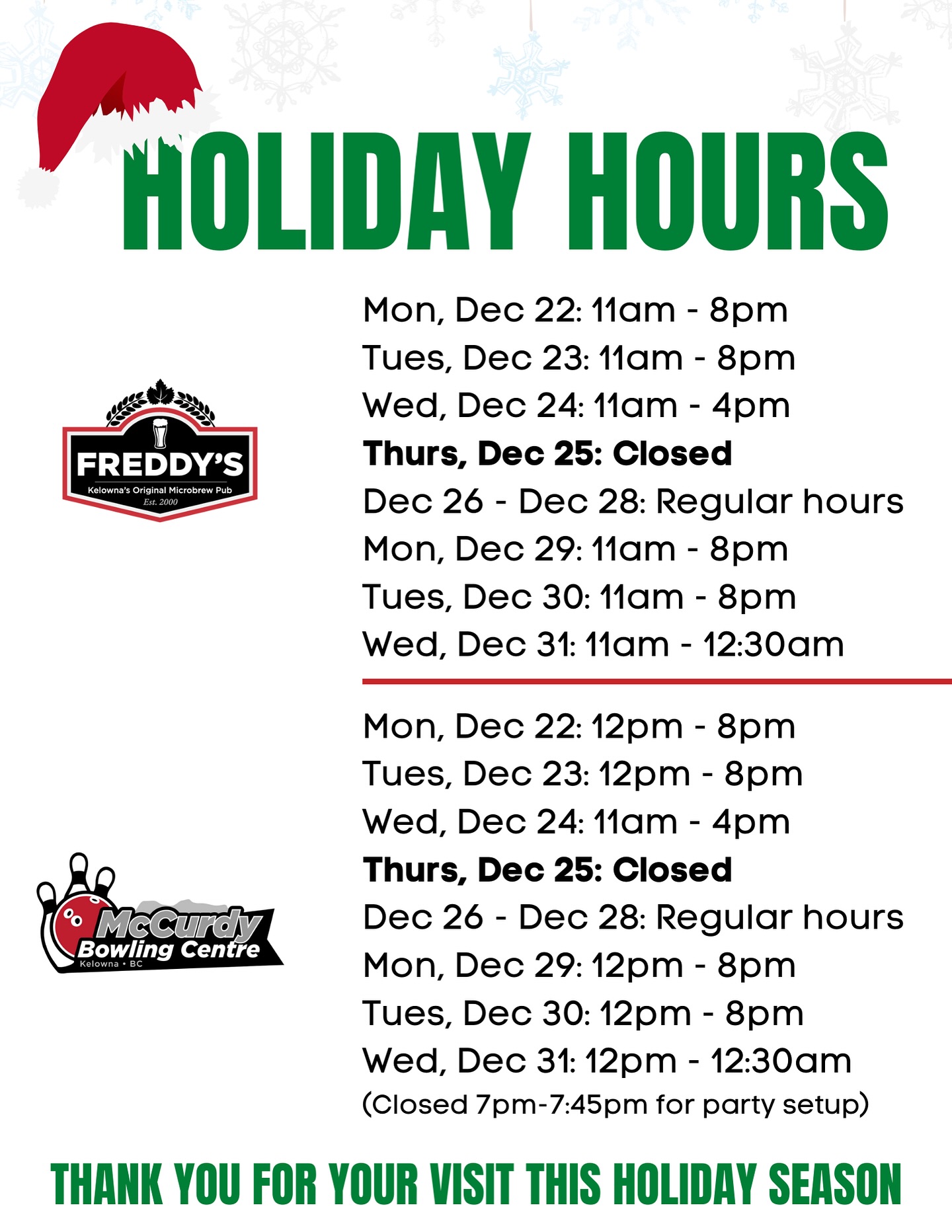 🎁 Holiday Hours Update 🎁
We’re spreading cheer and adjusting our hours! ✨
Stop by, say hi, and celebrate with loved ones this holiday season💕
Thank you for supporting our business this season means the world to us! 🎄🤍
#holidayhours #SupportLocal #HolidayCheer #localbusiness #FestiveFeels #ThankYou #bowling #brewpub #beer #familytime #theholidays