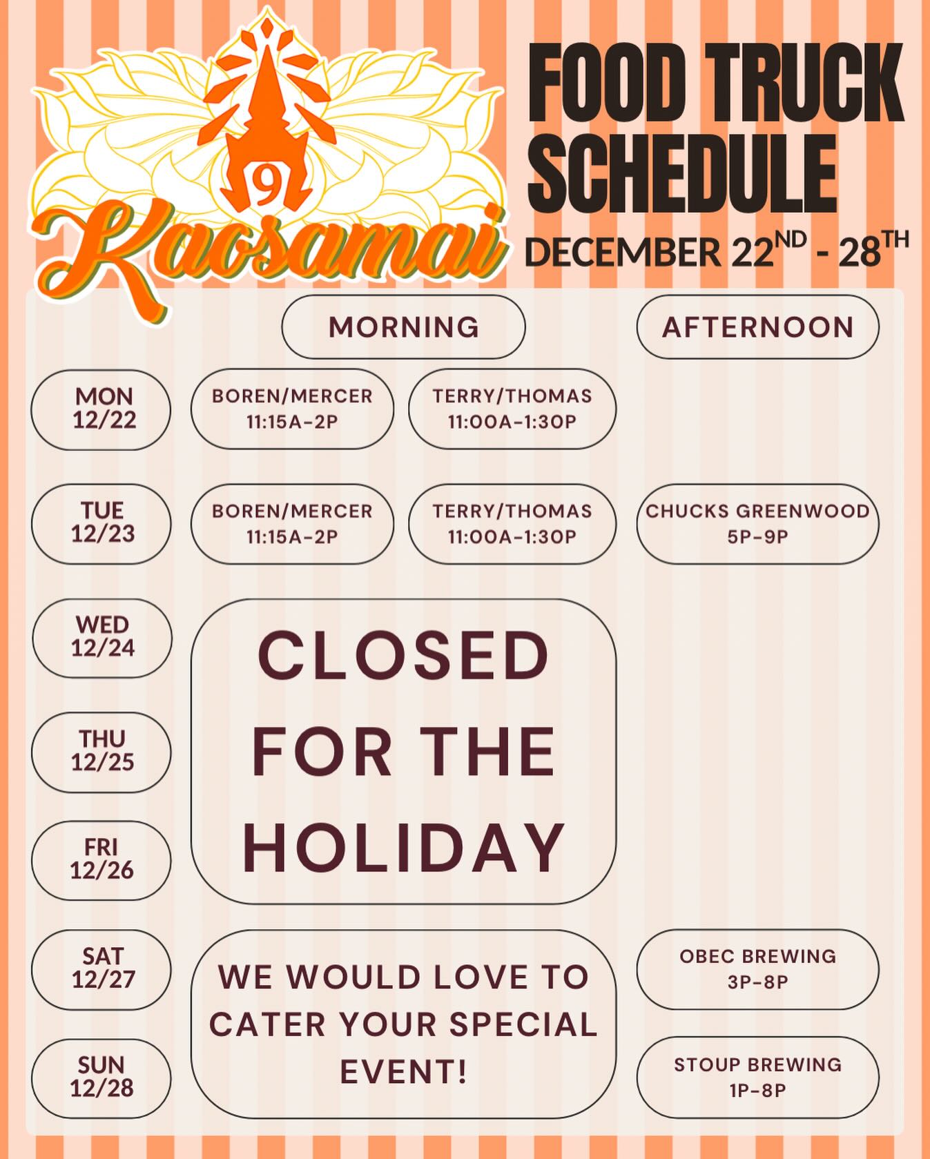 Hey Fam, we are looking forward to communing with our loved ones this week and hope you can do the same 🧡
Find us at @chuckshopshopgw today before our two day hiatus. Then back at it this weekend at @obecbrewing and @stoupbrewing. Happy Holidays Family 💕🫶🏽