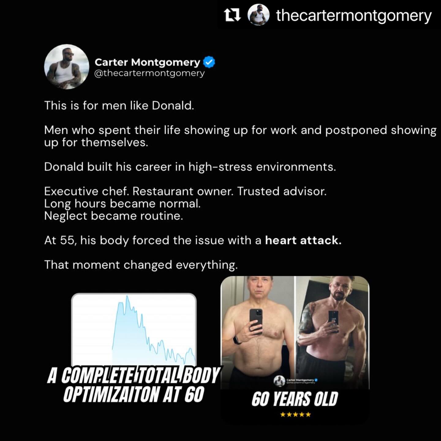 I would never get these results without the expertise of my coach!
2026 could be your year if you just contact Carter and get started!
And don’t give me the BS that you’re going to wait until the New Year!
You and I both know that is a lie and if you don’t start NOW you won’t! #Repost @thecartermontgomery
・・・
The real savages aren’t the loud ones.
They’re the ones who take adversity and turn it into fuel…
to elevate their mind, optimize their internal health, and command their physical presence.
Donald is one of my favorite men to work with.
Not because it was easy.
But because he outperforms men half his age.
He trusted the process.
Executed without hesitation.
And never took his foot off the gas.
The result?
A completely different man.
Optimized internally.
Dialed externally.
A presence you feel the moment he enters a room.
This is the example.
This is the standard.
This is what it looks like when a man finally commits to himself.