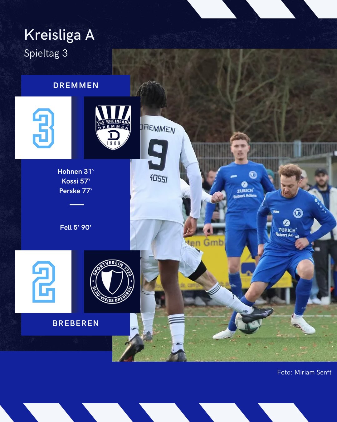 🔵⚪️ Bittere Niederlage zum Jahresabschluss in Dremmen ⚪️🔵
Im Nachholspiel des 3. Spieltags hat der SV Breberen das letzte Pflichtspiel des Jahres beim TuS Rheinland @dremmen mit 2:3 verloren und geht damit mit gemischten Gefühlen in die Winterpause. Trotz eines engagierten Auftritts und zweier eigener Treffer reichte es am Ende nicht zu etwas Zählbarem.
Dabei begann die Partie aus Breberener Sicht optimal: Bereits in der 5. Minute brachte Frederic Fell die Blau-Weißen früh in Führung. Dremmen zeigte sich davon jedoch unbeeindruckt und kam in der 31. Minute durch Simon Hohnen zum Ausgleich. Kurz nach dem 1:1 hatte Breberen dann Glück, als die Gastgeber einen zugesprochenen Foulelfmeter ungenutzt ließen. Mit dem Unentschieden ging es in die Pause.
Nach dem Seitenwechsel erwischte Dremmen den besseren Start. Ange Benny Kossi drehte die Partie mit dem 2:1 (57.), ehe Jannis Perske nach gut 77 Minuten auf 3:1 erhöhte. Breberen gab jedoch nicht auf und belohnte sich in der Schlussphase noch einmal: Frederic Fell schnürte mit seinem zweiten Treffer des Tages den Doppelpack und verkürzte nach Vorarbeit von Leon Bienwald in der Nachspielzeit auf 2:3 (90.+5). Für einen Punkt reichte es trotz langer Nachspielzeit jedoch nicht mehr.
Damit endet für den SV Breberen ein intensives Fußballjahr. Mit dem Nachholspiel verabschieden sich die Blau-Weißen nun in die Winterpause, um neue Kraft zu sammeln und im neuen Jahr wieder anzugreifen. 💪🏻
📸: @miriamsenft