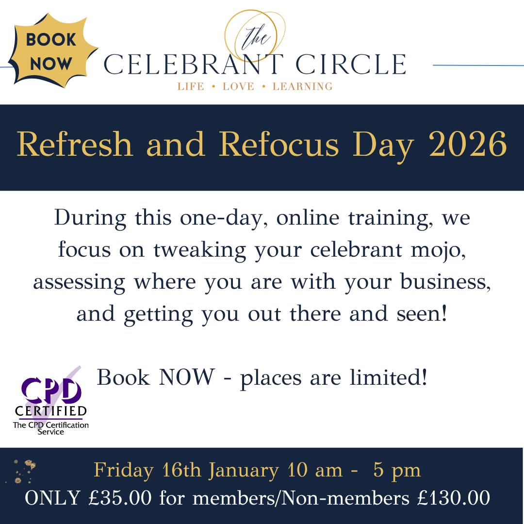 New Year energy can be equal parts bright and foggy ⛅
We tidy, we plan… but deep down we want clarity, confidence and a little spark back in our celebrant mojo. ✨
That’s why we created 'Refresh & Refocus' a one-day online boost for celebrants who want to:
💫 Sharpen their skills
💫 Show up with confidence
💫 Refresh their funeral and wedding know-how
💫 Get practical marketing and social media guidance
💫 Ask real questions in real time
No overwhelm.
No hefty price tag like some organisations charge.
Just a supportive space to reset and step into the year feeling clearer, bolder and ready to be seen.
If you’re craving direction and momentum… this might be your day. 💛
This amazing day is only £35.00 for Inner Circle members and only £135.00 for non-members.
Sign up today as places are limited - info on Celebrant Circle 🕸️