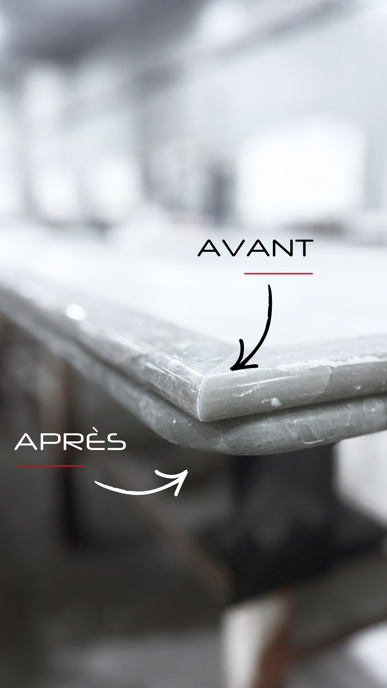 ✨ L’artisanat de la pierre naturelle
Tout commence par la matière brute.
Une pierre naturelle, choisie pour sa force, sa profondeur, son caractère.
Le façonnage manuel, réalisé par nos collaborateurs au sein de notre atelier normand, permet de travailler la pierre naturelle sous toutes ses formes.
Ici, les arêtes — plus communément appelées chants — sont façonnées avec une finition en demi-rond, apportant douceur et élégance au toucher comme au regard.
Une répétition de la matière est obtenue par le collage de deux épaisseurs de pierre, afin d’accentuer l’effet visuel, d’aller toujours plus loin dans le design et de sublimer la pierre naturelle.
#pierrenaturelle #quartzitejadore #artisanantfrancais