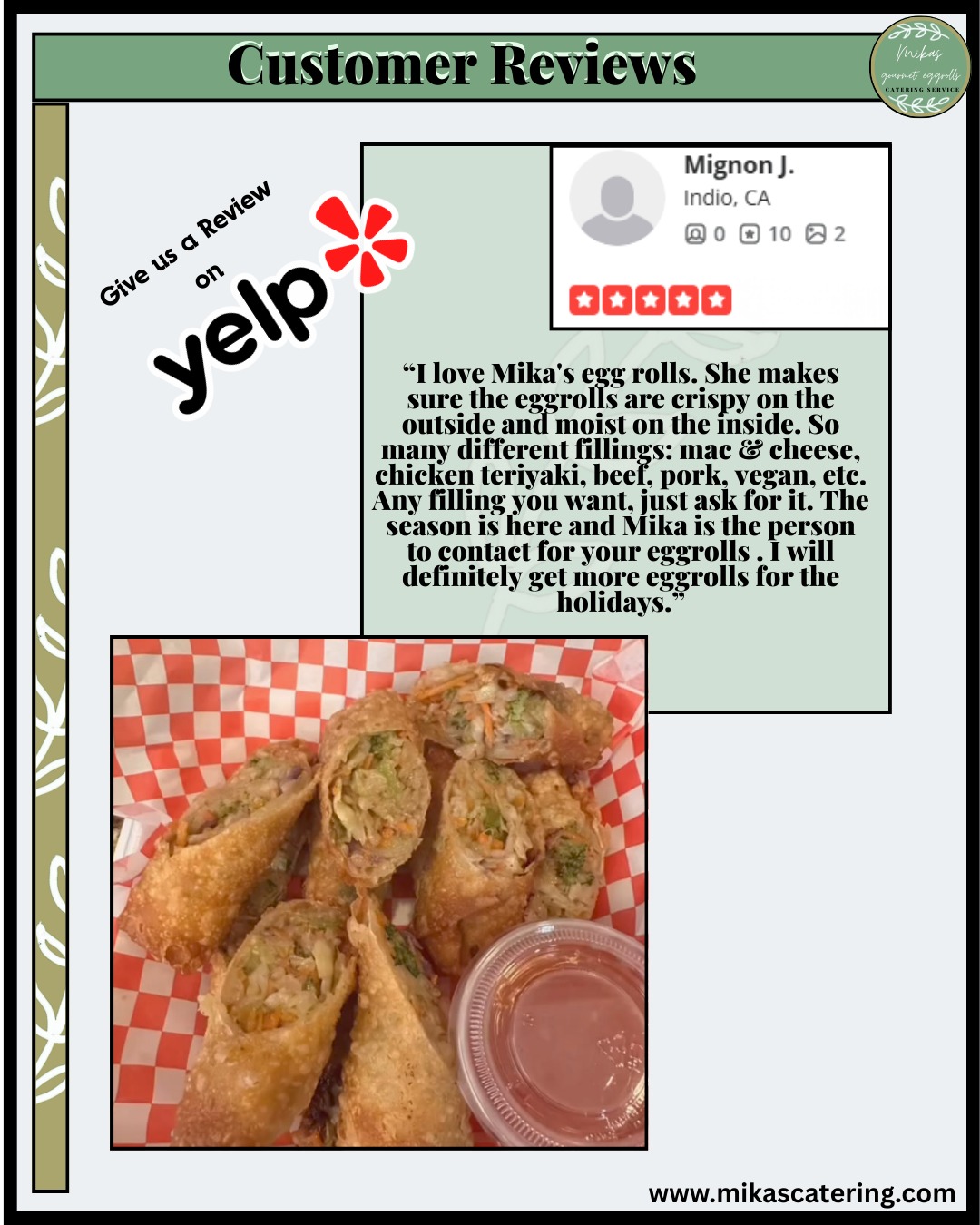 Planning a birthday or event? Let us handle the dessert table.
As S.D. shared in this 5-star review, our individually portioned Banana Pudding and Strawberry Cheesecake Cups are a hit with guests—and even better for the host. They come ready to serve, so "all you have to do is set them out."
Convenient, delicious, and made with soul.
👇 BOOK DESSERTS FOR YOUR PARTY 👇 1️⃣ Click the link in our bio 2️⃣ Tap "Whats on the Menu" to see our dessert options 3️⃣ DM or email us for bulk catering orders!
📍 Kitchen Location: Upland, CA 🚚 Catering: Serving all of Southern California 💻 Order Here: www.mikascatering.com
#MikasGourmetEggrolls #UplandCA #DessertCatering