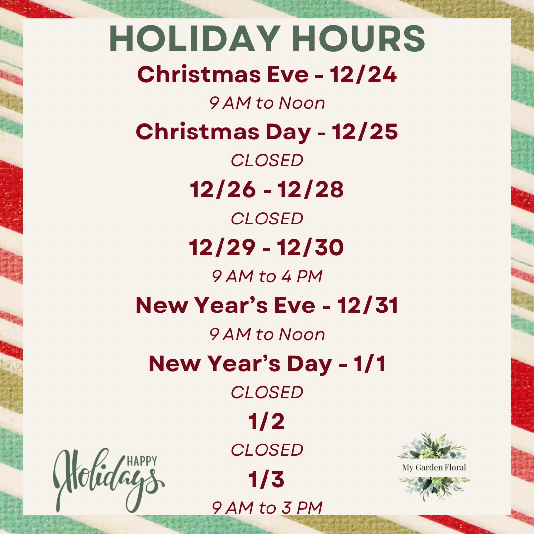 Happy Holidays from our team!! 💚🤍
Here’s our holiday hours from 12/24 to 1/3. We are open today (Christmas Eve) until noon!
Need a last minute gift? We have gift certificates!
#mygardenfloral #florist #pittsburgh #gift #christmas