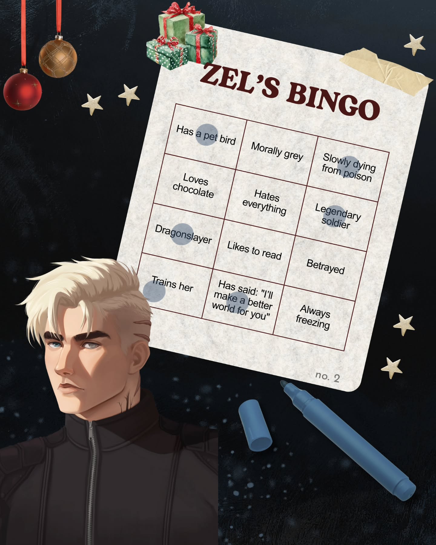 Happy holidays!! ✨️
Here in Sweden, we have a tradition where before Christmas Eve, we watch a TV program and play bingo! It's a tradition I absolutely love! People come together, eat dinner, play bingo and stuff their faces with all kinds of Christmas snacks, drink "Glögg" and eat gingerbread cookies!
I figured it would be fun to introduce this tradition to some of the Unit 17 members ✨️
🎄🎄🎄
The Last Dragon is the first book in The Great Burn series, perfect for fans of Fourth Wing, Attack On Titan, Divergent, and How To Train Your Dragon.
The Last Dragon tells the story of a soldier, Zel, poisoned by the very creature that shattered the world. Once, dragons ruled the skies and left the land in ruins. He survives by relying on reason, not his emotions—until love breaks through the walls he built to protect himself. To feel his heart awaken, even as his life fades, is both the greatest gift and the cruelest pain.
🔥Slow burn
❤️🔥YEARNING
💀MMC has VENOM in his veins slowly 😵 him
🐉 Unique Dragons
🗡❤️ Enemies to Lovers
🏰 Military Academy Setting
🍫 Chocolate lover MMC
📖 Book smart FMC
🌹 Found Family
✨️ Forced Proximity
😨 PTSD Rep
🦅 Hawk companion
🗡 Protective MMC
😒 Broody
🤭 BANTER
🍿 Side characters to die for
🐉🐉🐉
If you’re new here, hi! I’m Monty, a European author who self-published her romantasy debut, The Last Dragon. I write no spice fantasy romance from male POV’s, with unique dragons, complex characters, and immersive worlds.
#debutauthor #fantasyromancebooks #romantasyauthor #romantasybooks #romantasy #enemiestolovers #indieauthor #indieauthorsofinstagram #slowburnromance