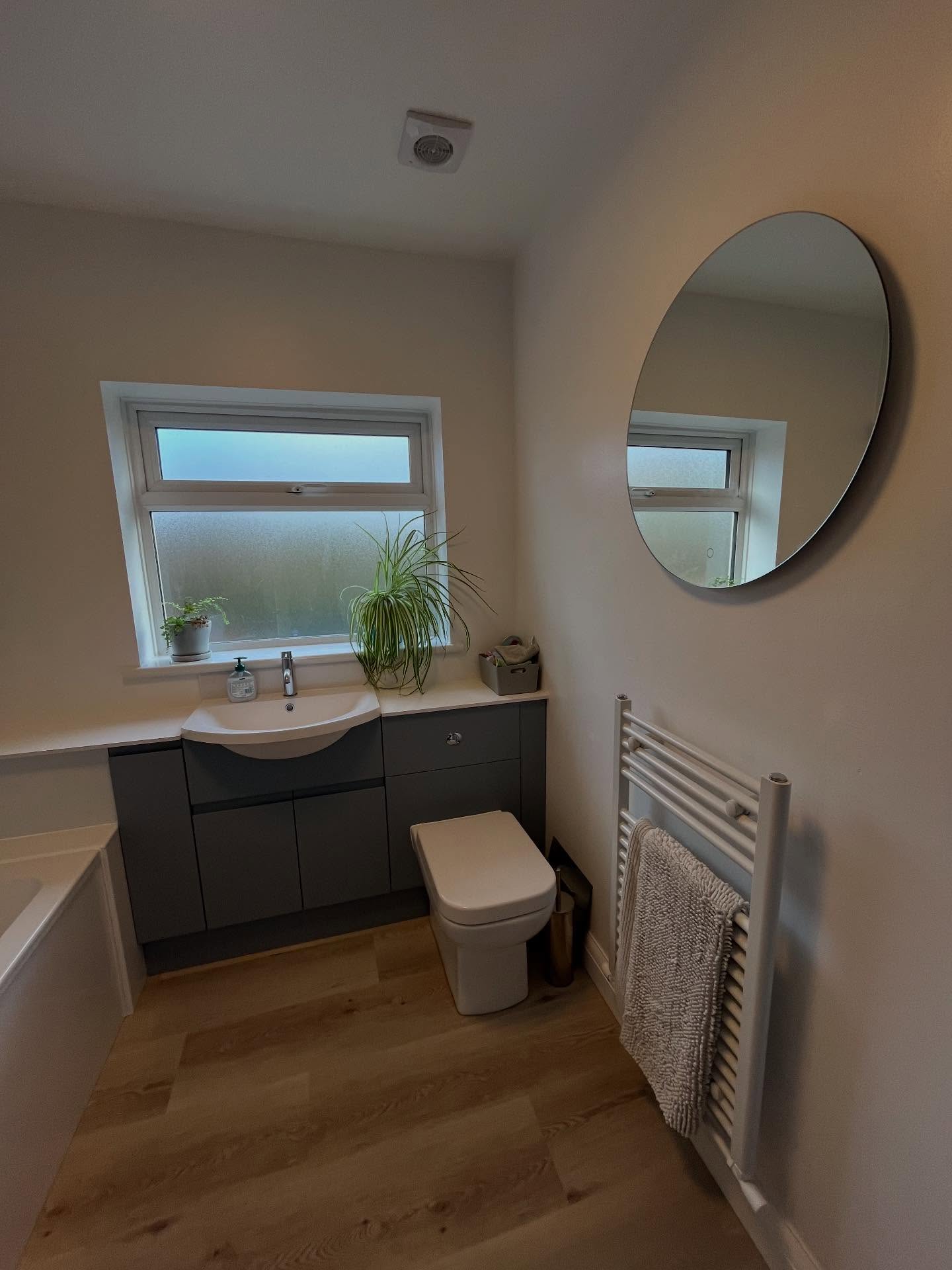 Bathroom transformation and the final project of the year! We have a light blue Matt finish the the vanity furniture, white bathroom paint on the walls and a vinyl laminate floor designed for bathrooms and wet areas. The furniture is from @easybathrooms. Thank you to the customer for leaving a review on our google profile too.