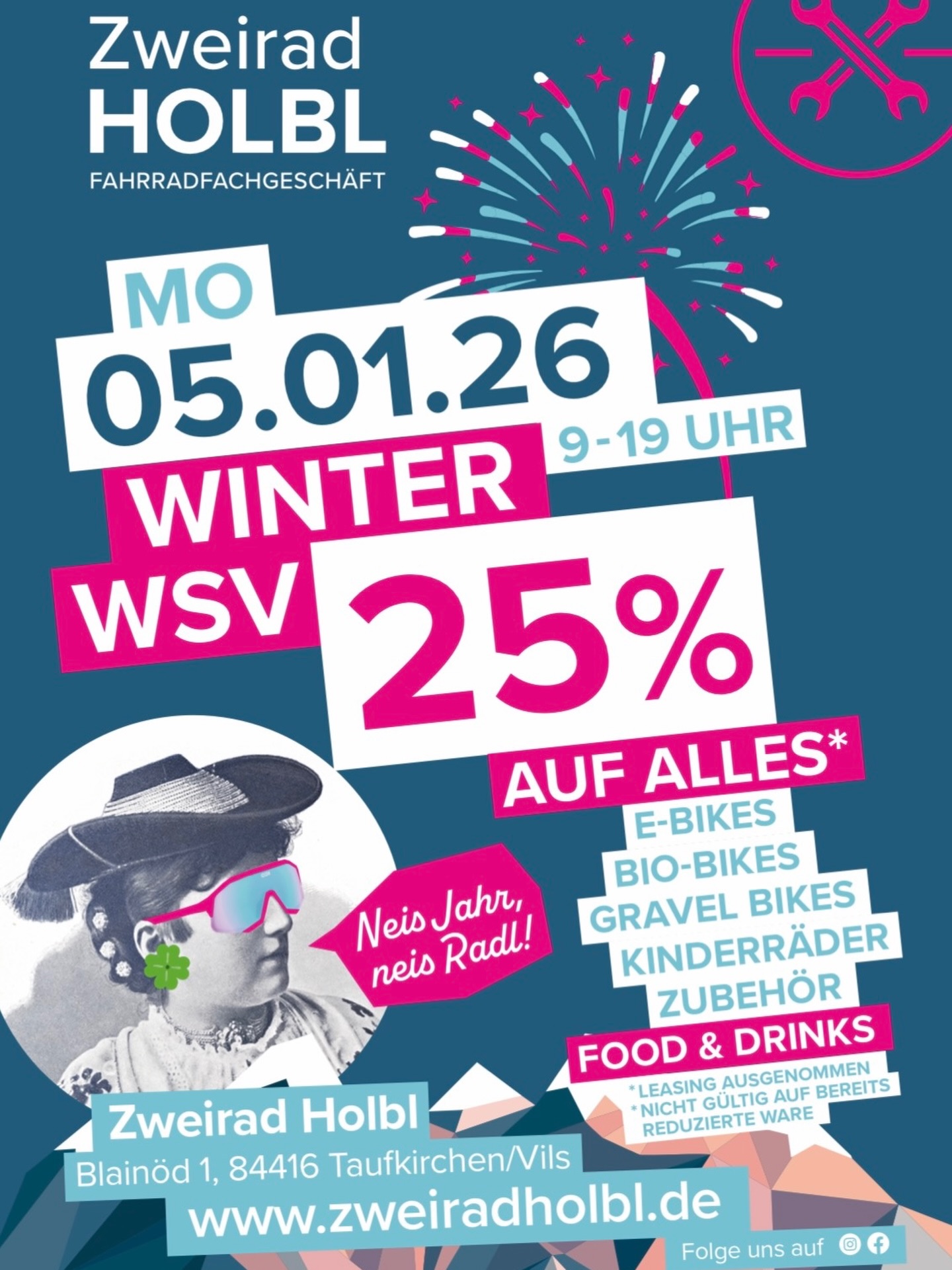 ❄️🚲 WINTER-WSV bei Zweirad Holbl! ❄️🚲
Am Montag, 05.01.26 von 9–19 Uhr startet unser großer Winter-Schlussverkauf: 25% auf alles*!
Unsere Angebots-Highlights: ⚡ E-Bikes
🚲 Bio-Bikes
🌄 Gravel Bikes
🚲 Kinderräder
🔧 Zubehör
Mit dabei:
👩🍳 Thermomix TM7 Vorführung von Nicole Jahn
🍲 Leckere Suppen & Currys (auch vegan & vegetarisch) von Wolfgangs Suppenkutsche
🍷 Winzz Glühwein
☕ Kaffee, Drinks & 🍰 Kuchen im Café „Zur Radl Anne“
Kommt vorbei, sichert euch starke Angebote und genießt ein tolles Rahmenprogramm. Mia gfrein uns auf eich! ❄️🚲🥂
*Leasing ausgenommen & nicht gültig auf bereits reduzierte Ware.
#wintersale #zweiradholbl #fahrradladen #taufkirchenvils #dorfen @jahn_nicole @winzz_weinschorle @ktmbikeindustries @cannondaleroad @ridecannondale @bassobikes @marinbikes_dach @pocsports @koo_world @kask_sport @zurradlanne