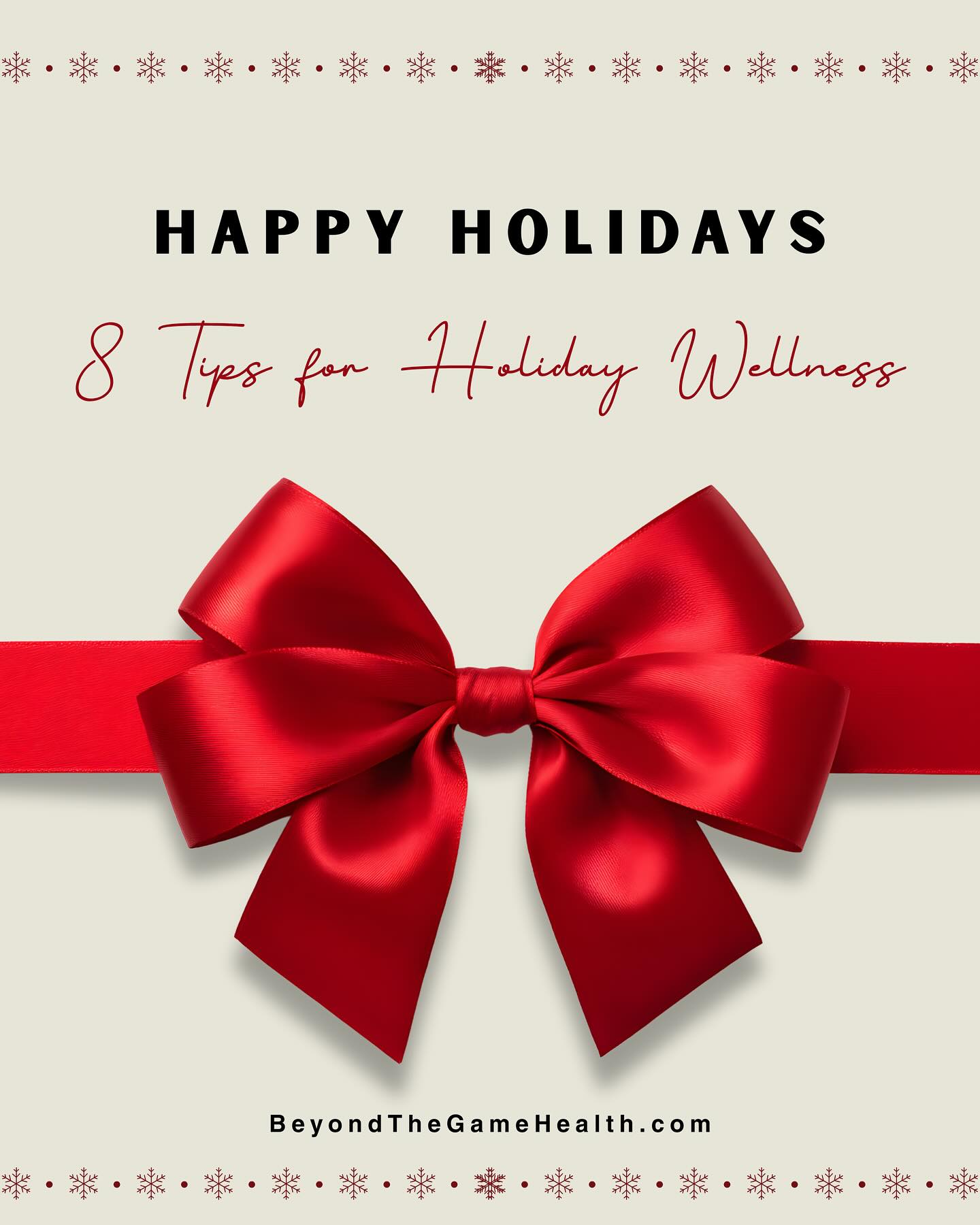 HAPPY HOLIDAYS!! ✨
At Beyond the Game Health, we understand the holidays can bring joy, connection, and celebration, but they can also come with stress, expectations, and exhaustion.
This is a reminder that caring for your mental, physical, and emotional health matters just as much during the holidays as it does the rest of the year. Listen to your body, honor your limits, and give yourself permission to reset.
Swipe through for 8 tips to help you move through the season with intention and balance without losing athletic progress. 🎄
#BeyondTheGameHealth #MoreThanTheGame #HolidayWellness #MentalHealth #HolisticCare #Athletes #Balance