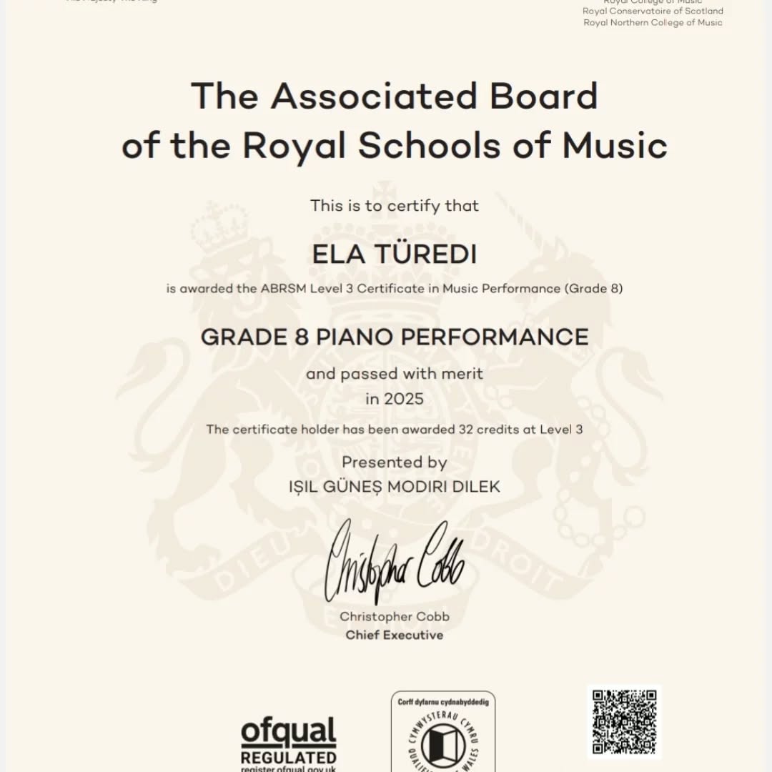 Öğrencimiz Ela Türedi, 8.Aşama sınavını teşekkür belgesi alarak geçmiştir. Kendisini tebrik ediyor🎉🎊👏🏻başarılarının devamını diliyoruz 🌸🌺
