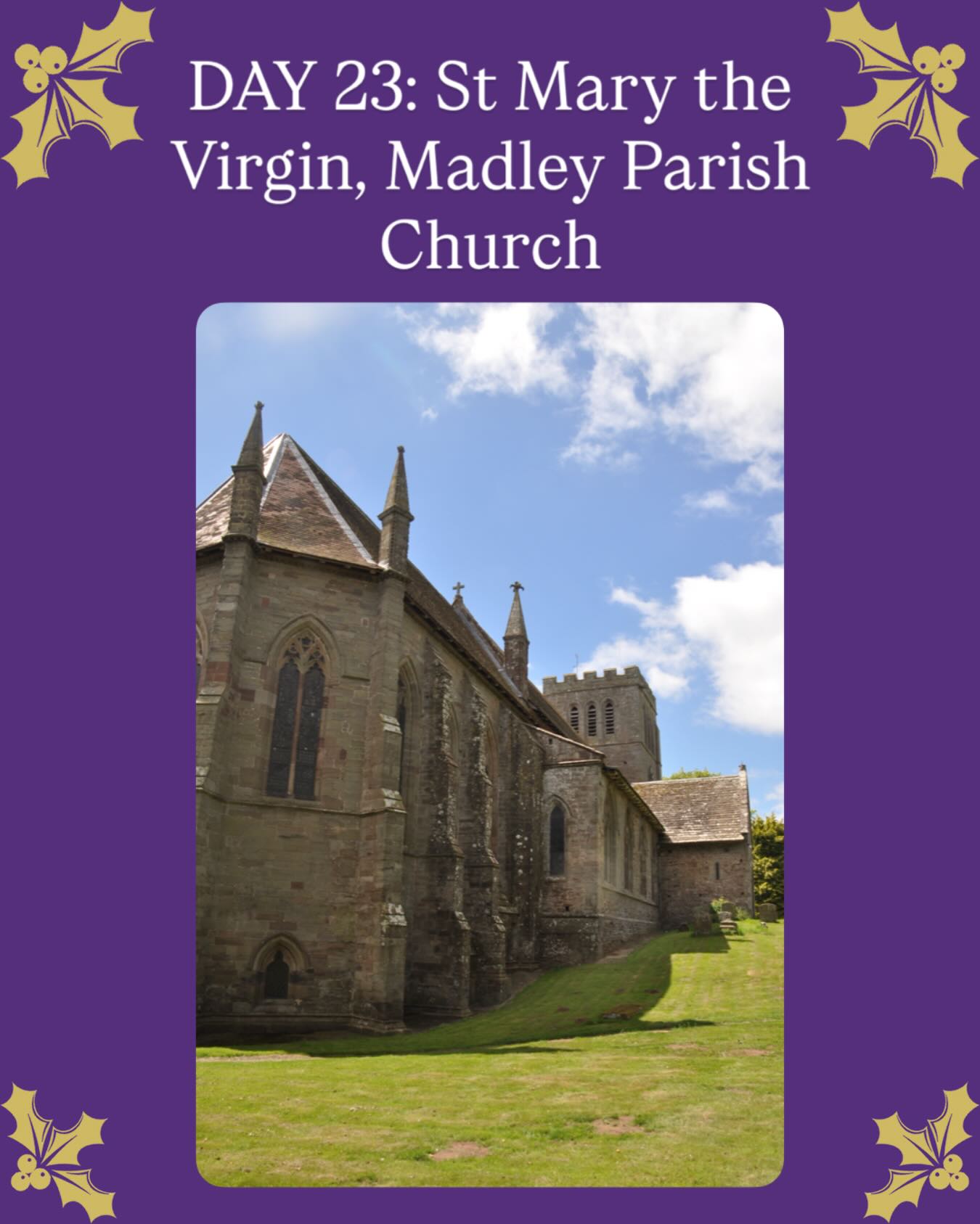CHURCH ADVENT CALENDAR: DAY 23- St Mary the Virgin, Madley Parish Church
In July 2022, Liberty Rose Architects carried out the quinquennial inspection of the remarkable Madley Parish Church, a Grade I listed treasure in the heart of
Herefordshire.
Dating from around 1000–1350, this strikingly large village church rises from the wide valley of the River Wye, visible for miles around. But its story goes back even further — the site has been a place of Christian pilgrimage since 550 AD.
Madley is traditionally linked to St Dubricius (Dyfrig), later Bishop of Llandaff, who is believed to have been born here and to have founded an early Christian
community. For centuries, pilgrims travelled long distances to this holy place. It is thought a statue of the Virgin Mary once stood here, believed to hold healing powers.
The church has stained glass from the 13th–14th century and 14th-century wall paintings, which were conserved in 1991.
The crypt, restored in 2007 — believed to be the location of the Marian statue, where pilgrims would descend to pray before returning to the church above.
Today, the crypt continues its quiet tradition of devotion, used for private prayer, small meetings, and retreats.
A truly special place where faith, history, and architecture meet.
#MadleyParishChurch #Herefordshire #GradeIListed