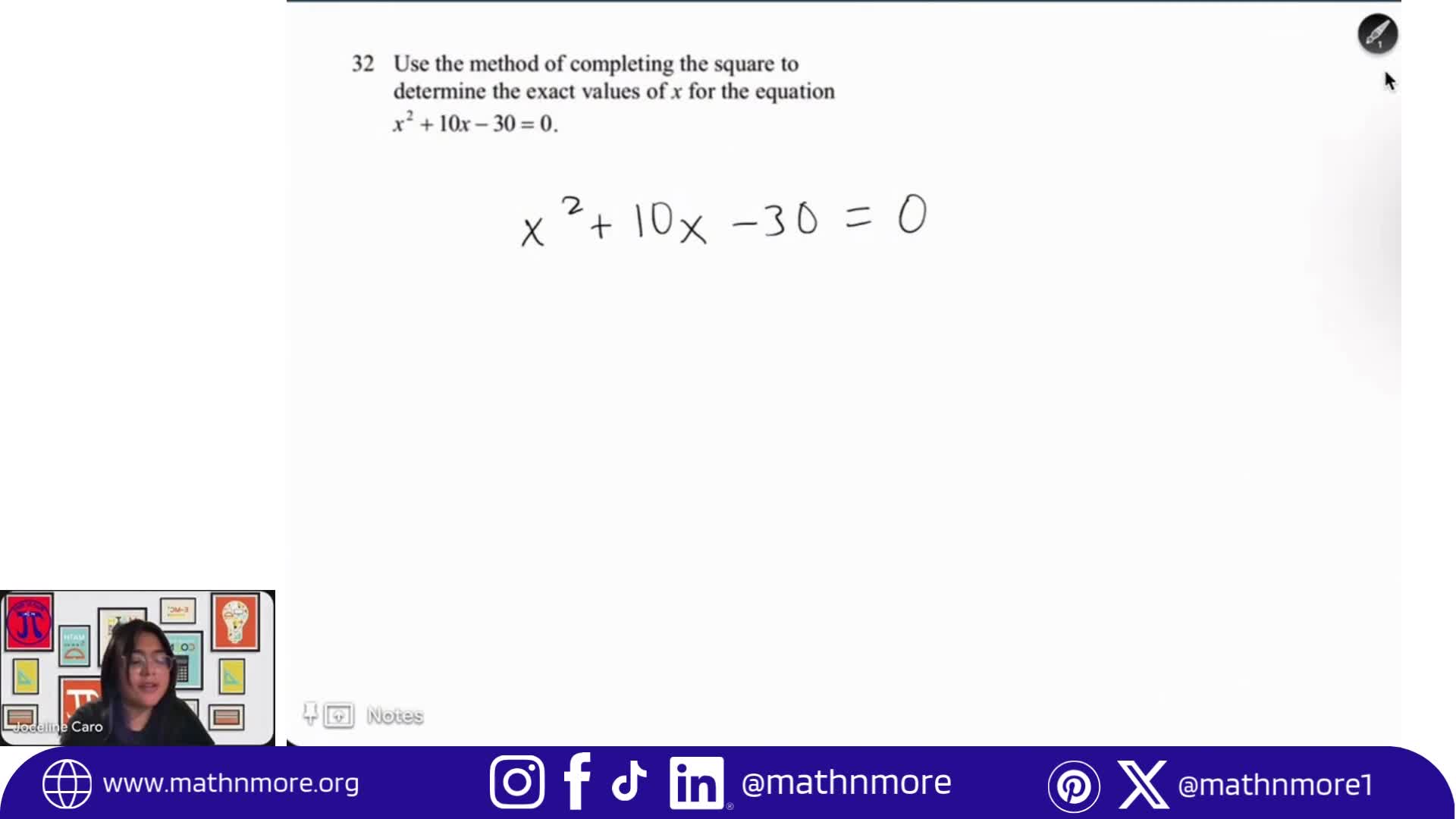 ✏️ Solve this quadratic with completing the square:
x² + 10x – 30 = 0
➡️ Move –30 → x² + 10x = 30
➡️ Add 25 → (x + 5)² = 55
➡️ Square root → x + 5 = ±√55
➡️ Final Answer → x = –5 ± √55 ✅
#WhatsTheAnswerWednesday #MathNMore #MathIsLife