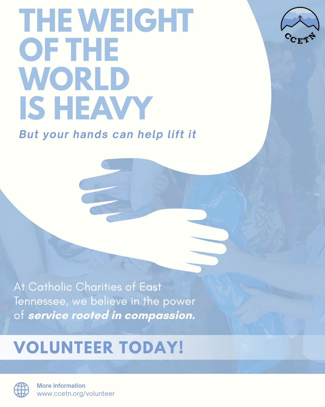 🤝 A Heart for Service
There are moments when the world feels heavy, but your hands can help lift it.
At Catholic Charities of East Tennessee, we believe that love in action changes lives. Whether you’re handing out meals, comforting a child, or offering a kind word to someone who feels invisible, your presence matters.
Let your compassion become someone else’s answered prayer.
👉 Volunteer today at ccetn.org/volunteer
Together, we build a community where no one walks alone.
#FaithInAction #VolunteerWithUs #ServeWithLove #CCETN #BeTheLight #HopeInMotion