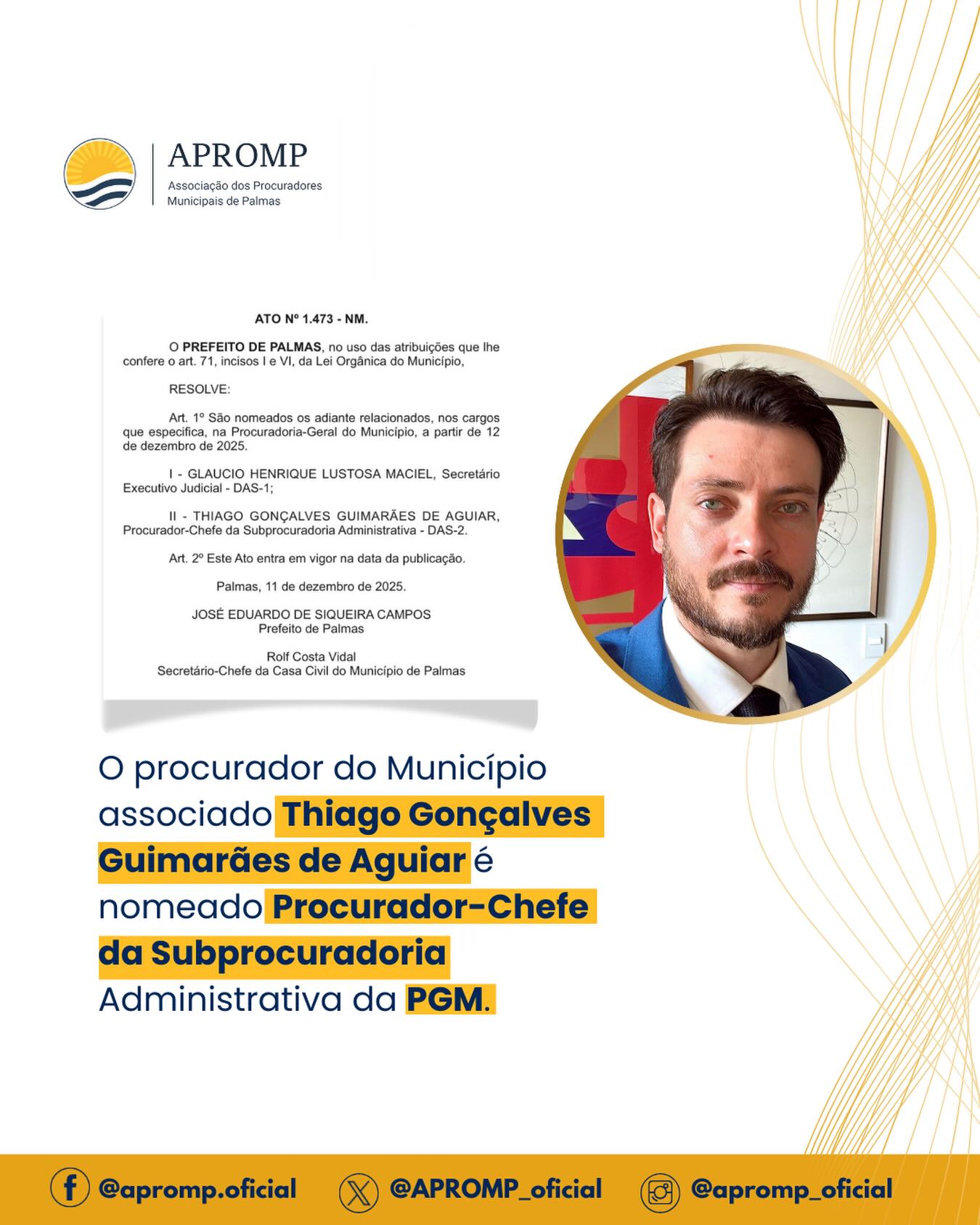 A APROMP parabeniza o colega Thiago Gonçalves Guimarães de Aguiar pela nomeação ao cargo de Procurador Chefe da Subprocuradoria Administrativa da Procuradoria-Geral do Município de Palmas!
Reconhecemos sua competência, dedicação e compromisso com a advocacia pública municipal. Esta conquista é fruto de muito trabalho e profissionalismo.
Desejamos muito sucesso nesta nova função e que sua gestão seja marcada por grandes realizações em prol do nosso Município.
Parabéns, Thiago! 👏🎉
#APROMP #ProcuradoresMunicipais #Palmas #PGM #AdvocaciaPublica