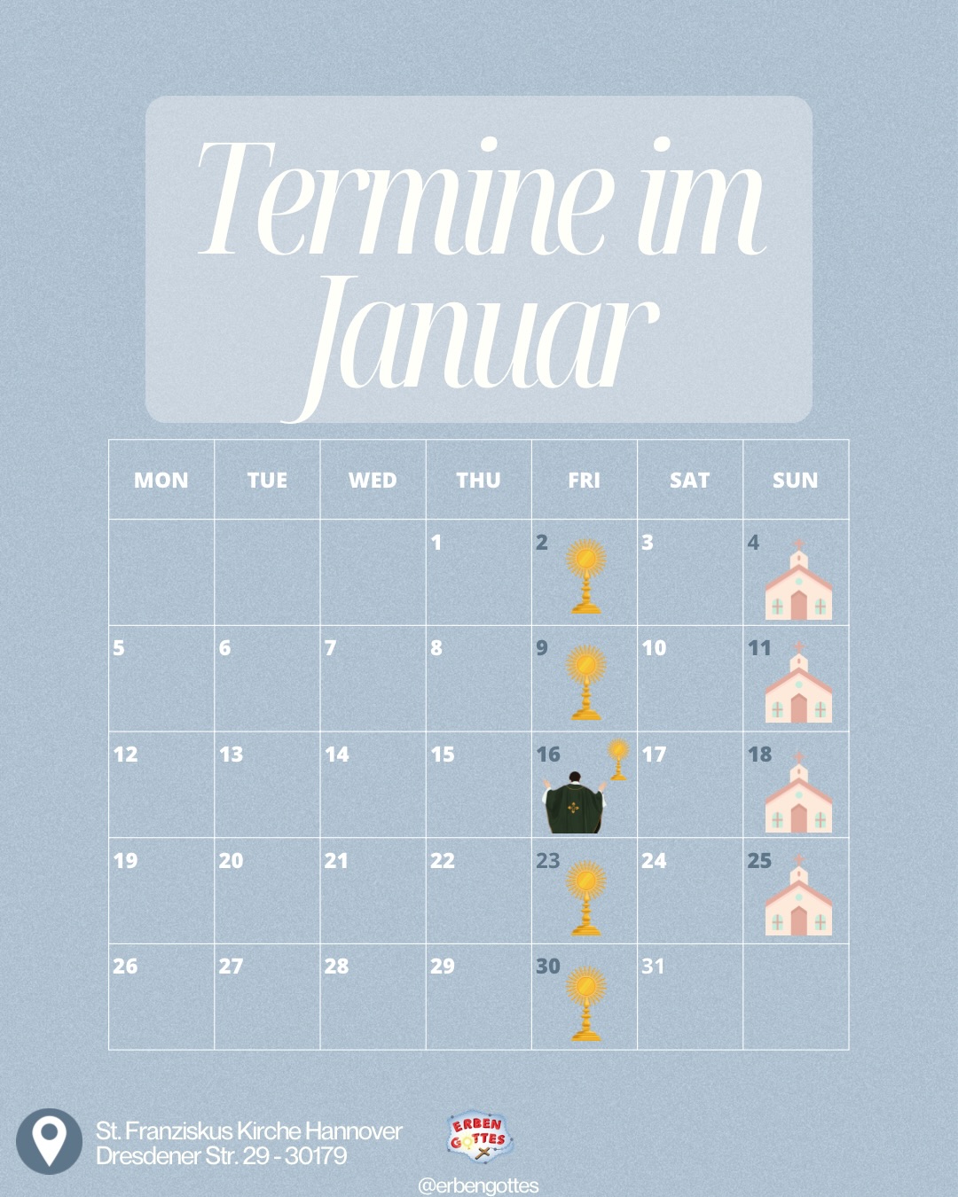 Unsere Termine für den Januar 🤍🌨️❄️ Wir freuen uns, wenn DU dabei bist! 😊
#katholischekirchehannover #jesus #katholisch #kirche #anbetung
