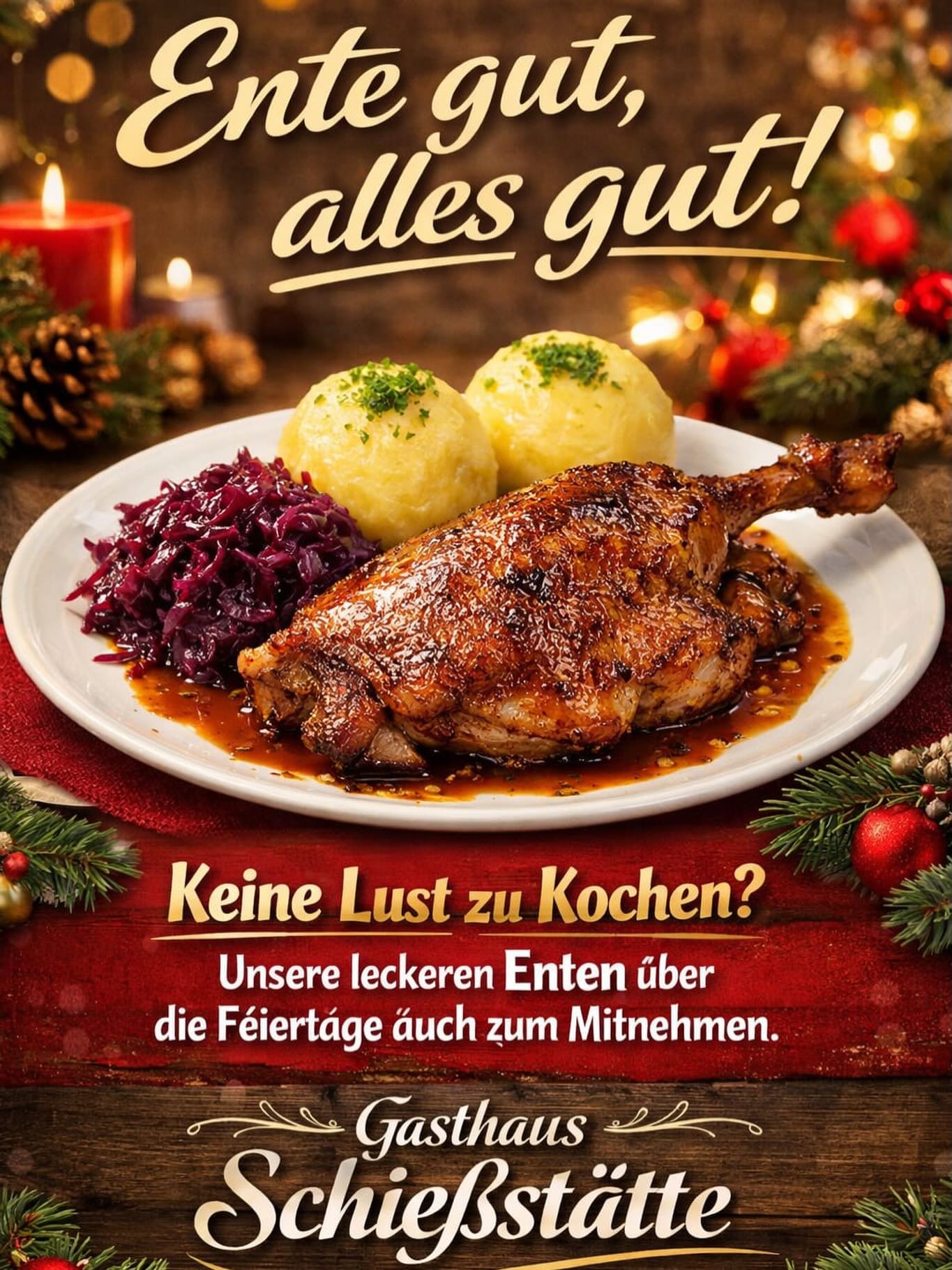 Knusprige Enten to go!
Einfach anrufen, vorbestellen & genießen – bei uns im Gasthaus Schießstätte. Perfekt für Zuhause! 🦆🍽️
📞 08022 6622232