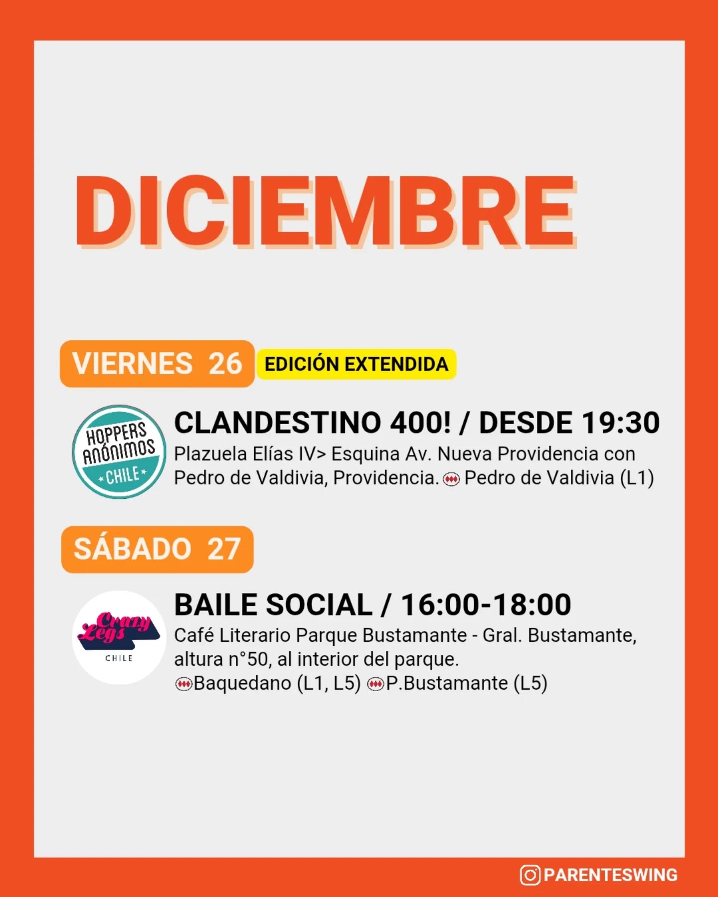 ✨Todos los eventos son gratuitos y abiertos a todo público, a menos que se indique valor de entrada 💸
‼️Cualquier modificación o nuevo evento en los comentarios👇🏻 y/o por historias 👆🏻
🤔 Qué es un Clandestino o Baile Social?
Una instancia donde fanáticos de los bailes swing (Lindy hop, Balboa, Shag, Solo jazz) se reunen a compartir, hacer comunidad y a la vez, practicar.
❌ Las actividades publicadas NO son instancias de clases para aprender a bailar, a menos que se indique “Taller” o “Clase Abierta”.
👀 Quieres aprender a bailar?
En nuestra historia destacada “CLASES” está toda la información y formularios de inscripción a los cursos del mes de las escuelas de bailes swing ✨
Nos vemos en la pista! 💃🏻🕺🏻🔥
#lindyhopchile #swingchile #panoramasgratis #swingdancechile #swingdancingchile