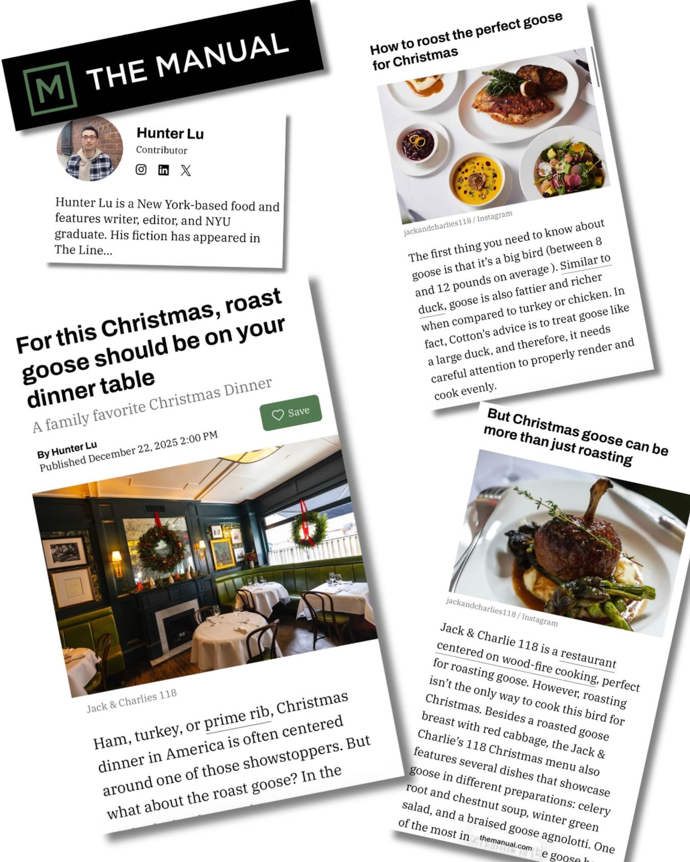 For @themanualguide , journalist Hunter Lu (@hungryhunterny ) shares his thoughts on the special tradition of the Christmas duck, a classic holiday centerpiece that rarely makes its debut these days. He highlights how at @chef_edcotton 's charming West Village restaurant @jackandcharlies118 , the Christmas goose will make its debut on Christmas Eve. Read the full story at themanual.com or, for those in the City looking to enjoy this culinary holiday tradition tonight, stop in to Jack & Charlie's for your Christmas Eve dinner.
A big thanks to @susie_dempsey_ for her support in bringing this story to our client team!
.
.
.
.
#christmas #christmasevedinner #nyc #christmasinnewyork #nycfood #nycrestaurant #nycdining #nycchef #holidaydishes