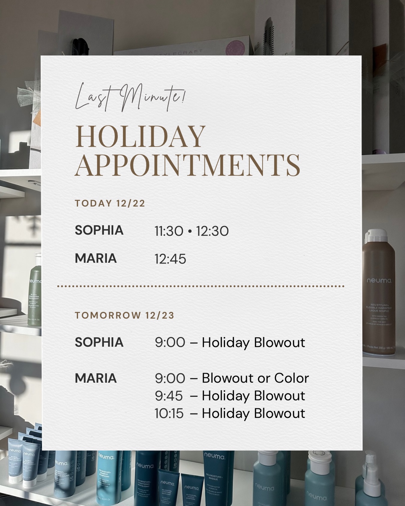 A few last-minute holiday openings just became available 🤍
Appointments today and tomorrow with Sophia and Maria!
DM or call to reserve your spot.
@hairby.sophiastudentt @marias_makeovers819