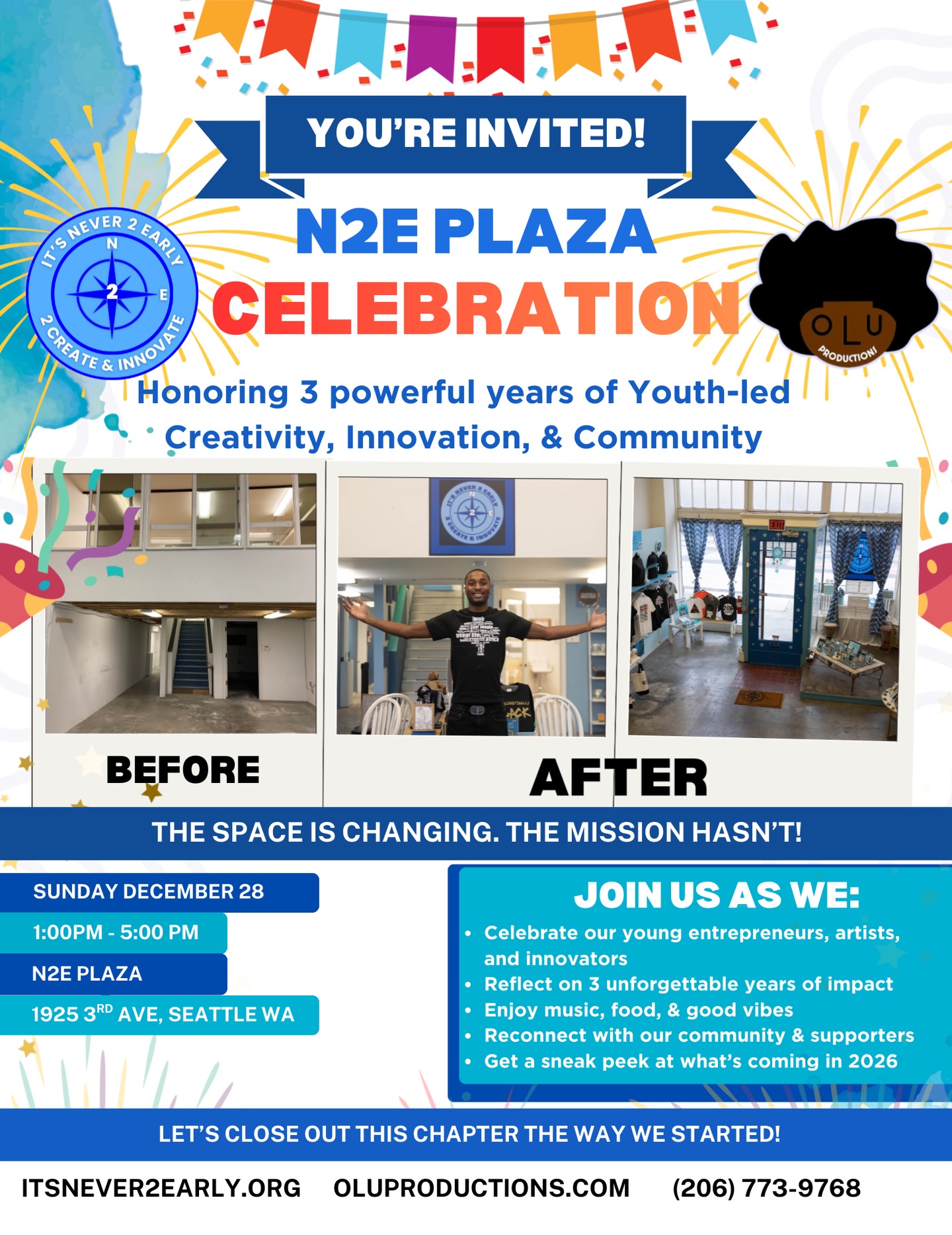 🖤✨Three Years. One Space. So Much Impact. ✨🖤
For three powerful years, N2E Plaza has been a home for youth-led creativity, entrepreneurship, innovation, and community. What started as a vision became a space where young people built confidence, businesses, art, and lifelong connections.
On December 28, we’re coming together to honor everything that’s been poured into this space
the growth, the memories, the people, and the purpose.
This celebration is about legacy, gratitude, and what’s next.
The walls may change, but the mission continues.
📍 N2E Plaza
🗓️ Sunday, December 28
⏰ 1–5 PM
Come hold space with us, reflect, and celebrate the journey
