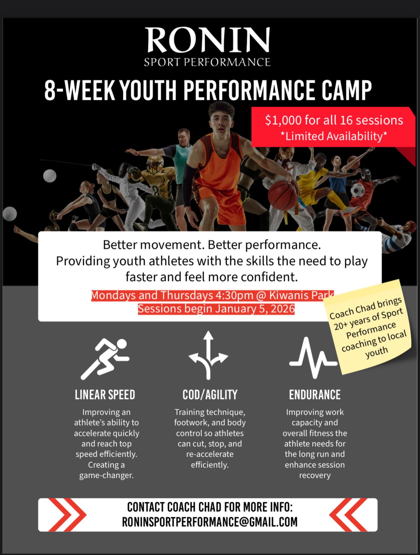 Better movement. Better performance.
Our 8-Week Youth Performance Camp is built to help young athletes move better, get faster, and gain confidence — regardless of sport.
✔ Linear speed & acceleration
✔ Change of direction & agility
✔ Endurance & overall athleticism
✔ Age-appropriate coaching focused on fundamentals
📍 Kiwanis Park
🗓 Mondays & Thursdays | 4:30 PM
📆 Begins January 5, 2026
💥 16 total sessions | Limited availability
📩 roninsportperformance@gmail.com
🔗 DM for Registration link