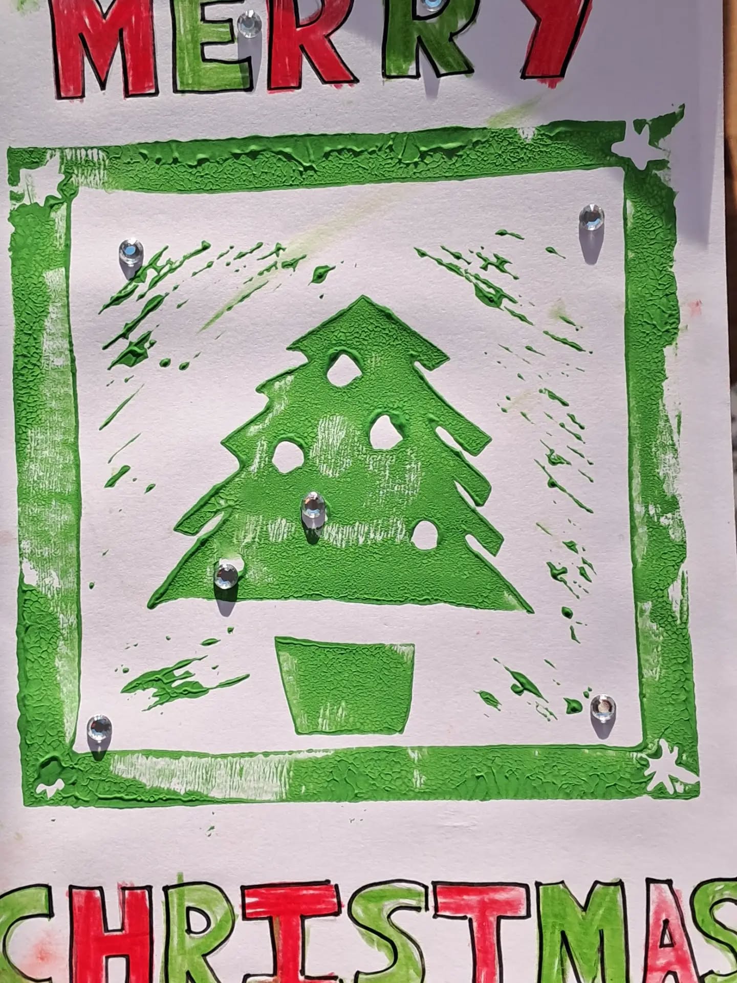 Card to me decorated (with diamonds) from Class 5... thank you!! #happychristmas🎄 #handmadeprints #handprints