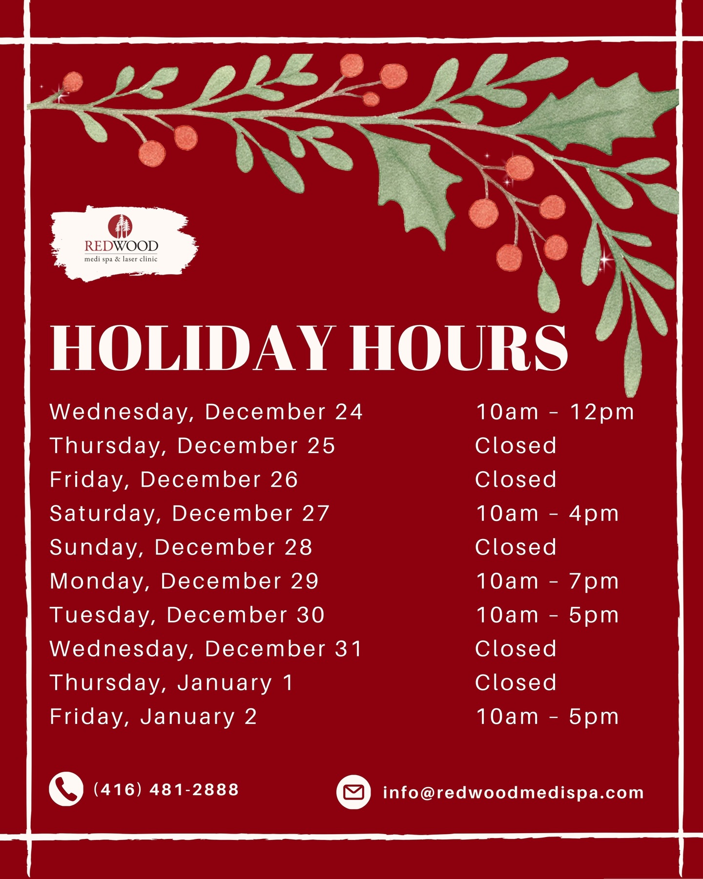 Holiday hours update 🎄
We hope you’re enjoying the holiday season and staying safe out there! ❄️
If you’re still looking for a last-minute gift, our holiday gift baskets are still available. 🎁
🕙 We’re open tomorrow from 10am-12pm for quick pickups.
See you soon! ☺️
📍 4141 Yonge St, Unit 304, Toronto, ON M2P 2A6
📞 (416) 481-2888
📩 info@redwoodmedispa.com
#redwoodmedispa #holidayhours #lastminutegifts #holidaygiftideas #giftbasket