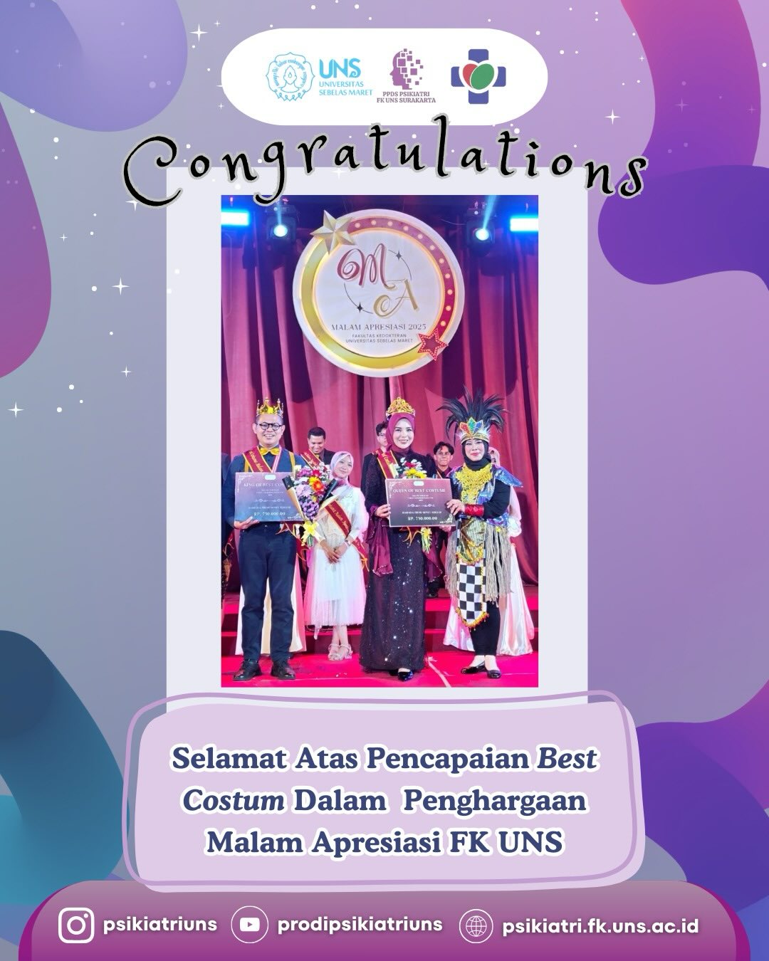 ✨ Congratulations! ✨
Selamat kepada Residen Program Studi Psikiatri FK UNS atas pencapaian luar biasa dalam Malam Apresiasi Fakultas Kedokteran UNS 2025 🏆
Semoga capaian ini menjadi motivasi untuk terus berkarya, berprestasi, dan mengharumkan nama institusi dalam dunia akademik dan profesional 🌱
👏 Bangga menjadi bagian dari Psikiatri FK UNS!