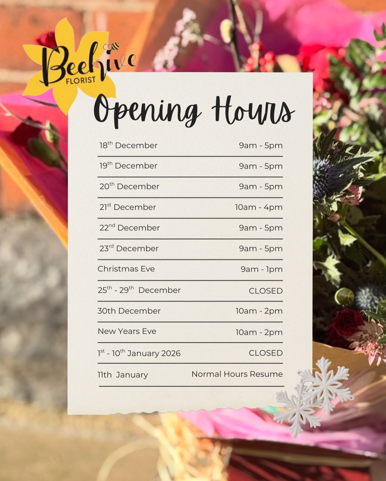 🎄 Our festive opening hours 🎄
Just a little heads-up so you can plan your flower visits, gift grabs, and last-minute festive treats ✨💐
Thank you so much for all the love and support this Christmas - we’re so grateful to be part of your celebrations 🤍
Pop in when we’re open, we’d love to see you! 🐝
