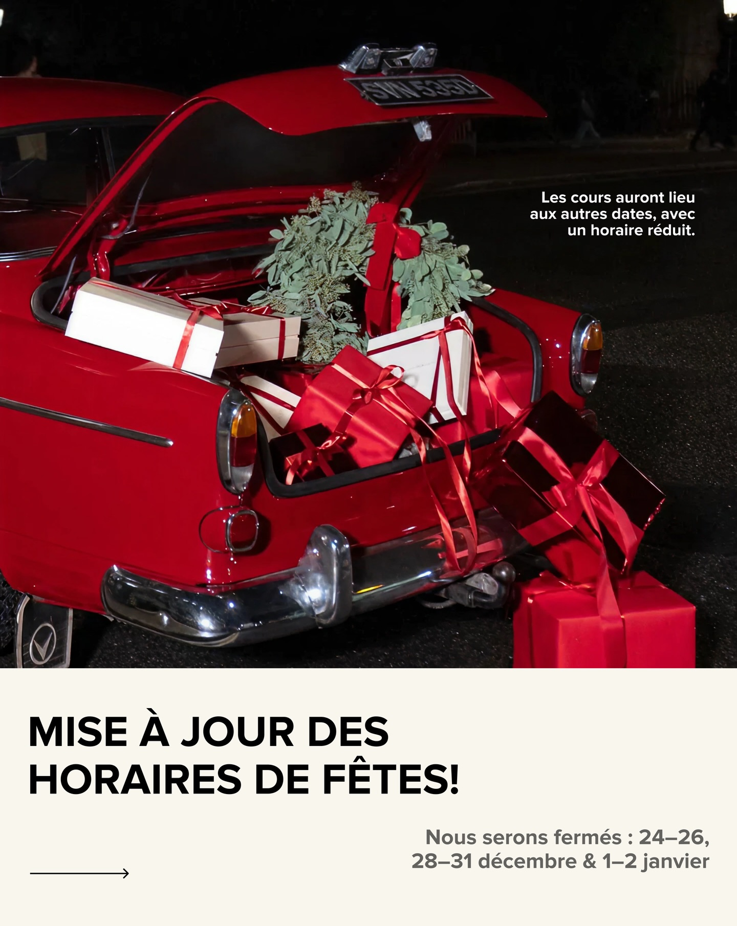 Nos horaires pendant cette période festive.
Joyeuses fêtes de fin d’année!✨🤍