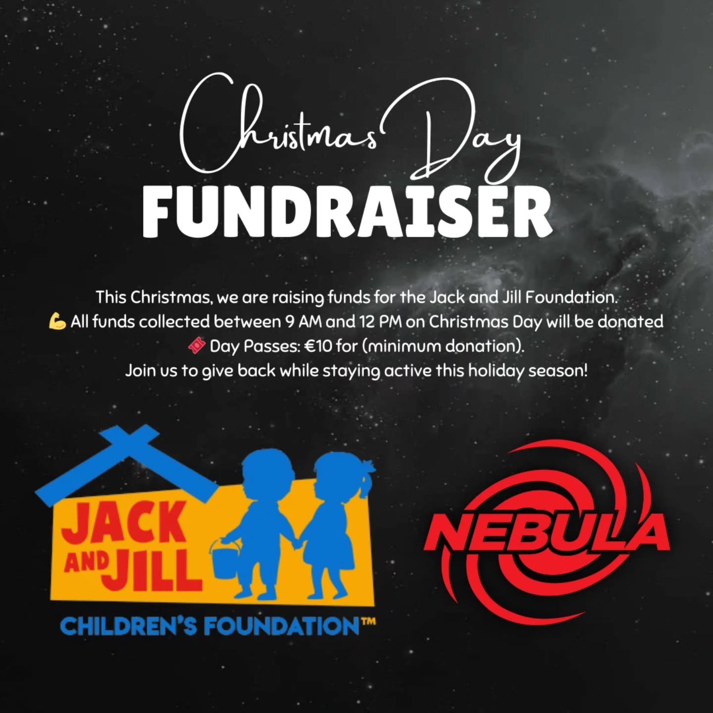🎄 Annual Christmas Day Fundraiser 🎄
Last Christmas, thanks to your unbelievable support, we raised €1,000 for the Jack and Jill Children’s Foundation ❤️
This year, we’re coming together once again to try and go even bigger.
The Jack and Jill Children’s Foundation provides in-home nursing and respite care to children across Ireland with severe to profound disabilities, allowing them to be cared for at home with their families. Their work relies heavily on fundraising and donations, and every euro makes a real difference.
📅 Christmas Day | 9am–12pm
💪 Day Passes: €10 minimum donation (Give as much as you want)
💛 100% of funds raised will be donated
Merry Christmas 🎁
From everyone at NEBULA.