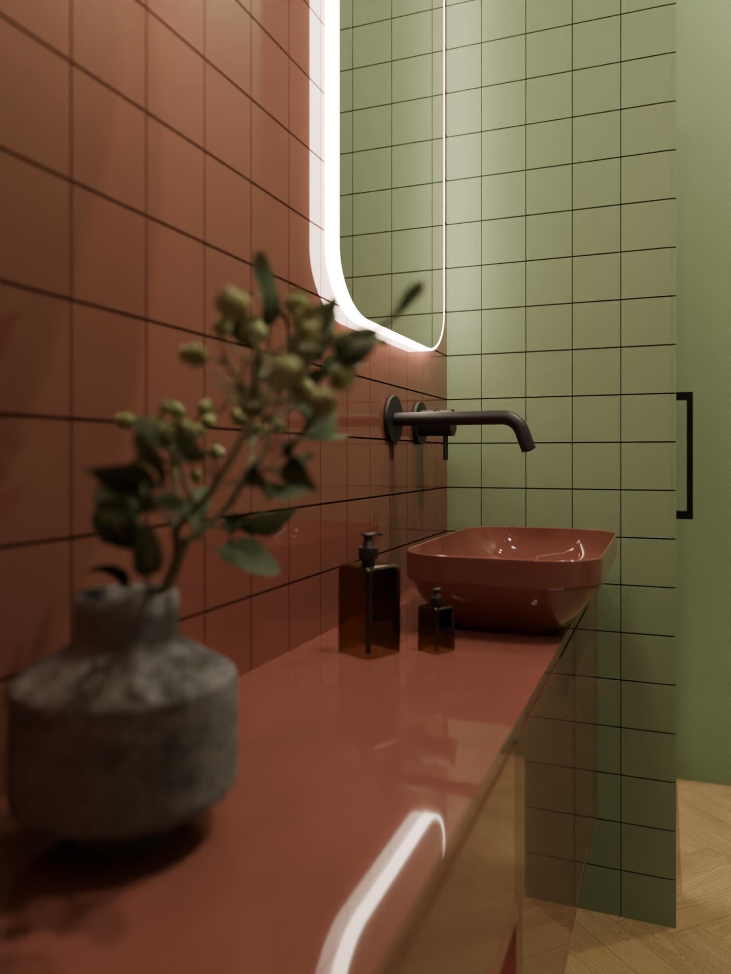 Casa Farini ✨
In questo bagno il progetto nasce da una riflessione su colore e luce. La griglia delle piastrelle diventa la matrice compositiva che ordina lo spazio e ne definisce le proporzioni, accompagnando lo sguardo sulle superfici verticali. Il contrasto cromatico tra il rosso mattone caldo dell’area lavabo e il verde più delicato della zona doccia non è solo estetico, ma funzionale: separa le aree e ne rafforza l’identità.
•
•
•
#architecture #interiordesign #render