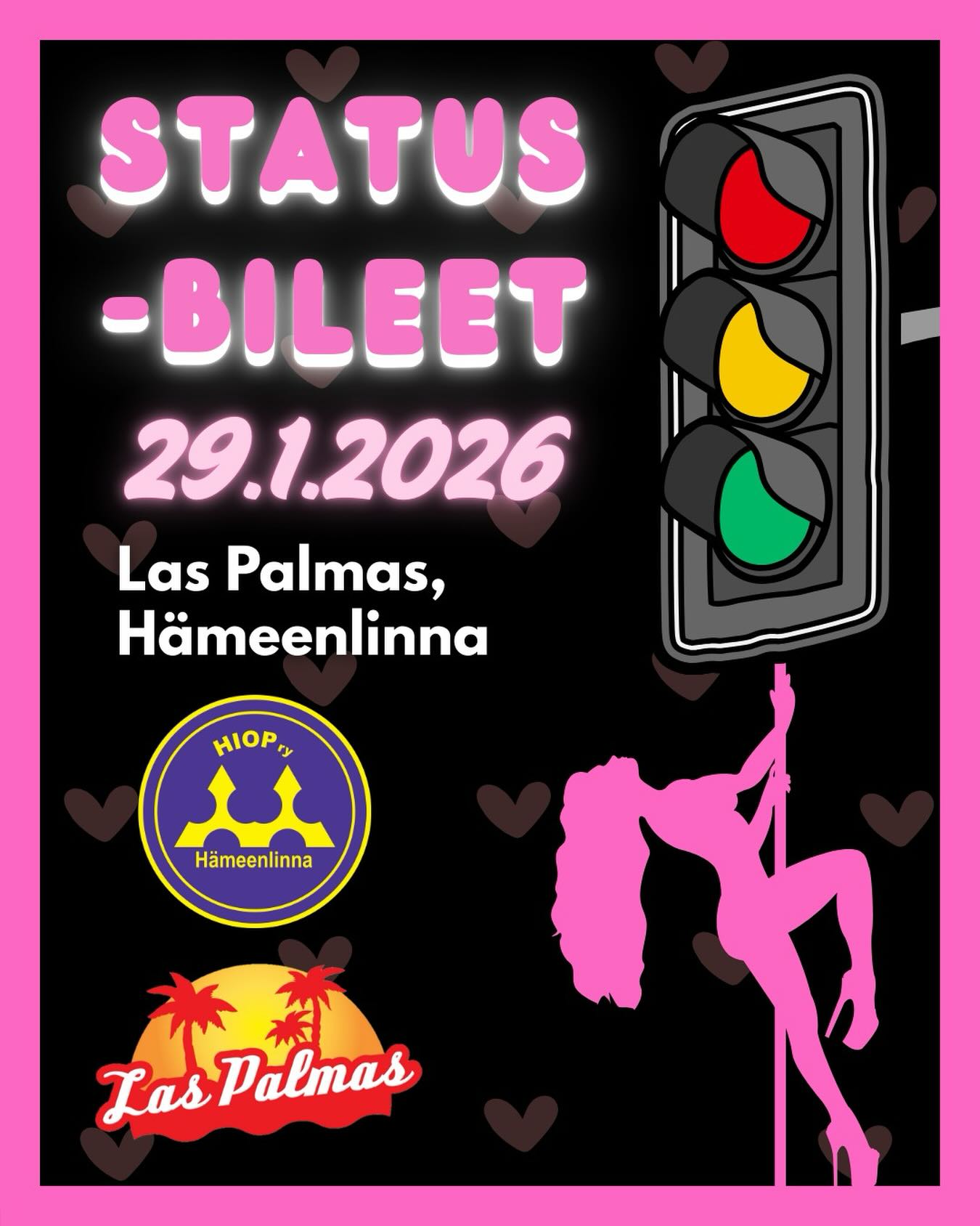 đ Huom! Tapahtuma sisĂ€ltÀÀ aikuisviihdettĂ€ đ
đŹđ§ English in the comments!
Ne ovat tÀÀllĂ€, nimittĂ€in Statusbileet, eli liikennevalobileet tai sinkkubileet, mitĂ€ nĂ€itĂ€ nyt on... no kuitenkin bileet joissa on mahdollisuus bongata kuka on sinkku tai kenellĂ€ on jotain sutinaa đ Onko ihastuksen kohteesi parisuhteessa vaiko sinkku?đŠTule ottamaan selvÀÀ Statusbileisiin, HĂ€meenlinnan Las Palmasiin! đïžđđŒ
Ohjelma
Koska tapahtuman teemana on rakkaus, olemme lisĂ€nneet illan ohjelmaan myös erotiikka-aiheista ohjelmaa, mm. stripteasea ja erotiikkabingon đ Stripteasen, erotiikkabingon sekĂ€ muun ohjelman tarjoavat teille Suwitus.com đ„
Aloita vuosi 2026 kuumissa tunnelmissa, ja tule selvittĂ€mÀÀn muiden parisuhdestatus ja nĂ€ytĂ€ omasi vĂ€rien avulla! â€ïžâđ„ Jokainen osallistuja saa halutessaan lipun tarkastuksen yhteydessĂ€ haluamansa vĂ€risen rannekkeenâïž Rannekkeen ottaminen ei ole pakollista.
Rannekkeiden vÀrit
đ VihreĂ€ = SinkkuÂ
đ Keltainen = Jotain sutinaa / vaikea selittÀÀ / en halua kertoaÂ
â€ïž Punainen = ParisuhteessaÂ
Pukukoodi: haalarit, statusvÀri
MissÀ: Las Palmas, Raatihuoneenkatu 10, HÀmeenlinna
Milloin: 29.1.2026 klo 21.00 eteenpÀin
Kenelle: Kaikille haalareiden vĂ€ristĂ€ riippumatta!Â
đïž Liput đïž
Early bird -lipunmyynti tapahtumaan on kÀynnissÀ 17.12.2025-4.1.2026 tai niin kauan kun lippuja riittÀÀ, ole siis nopea! Early Bird -liput ovat tavallisia lippuja edullisempia. JÀsenhintaiseen lippuun oikeuttaa HIOP/IOL jÀsenyys, joka tarkastetaan lipuntarkastuksen yhteydessÀ.
đ« Early bird -lippu jĂ€sen: 9 âŹ
đ« Early bird -lippu ei-jĂ€sen: 11 âŹ
Lipun hinta sisÀltÀÀ pÀÀsyn tapahtumaan, sen sisÀltÀmÀÀn ohjelmaan ja erotiikkabingoon, rannekkeen ja haalarimerkin.
Tapahtuman jĂ€rjestÀÀ HĂ€meenlinnan Insinööriopiskelijat HIOP ry. đđą
#opiskelijatapahtuma #opiskelijanelÀmÀÀ
