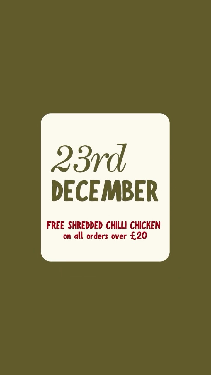 🎄🔥 DAY 11 — SHREDDED CHILLI CHICKEN 🎁
A spicy favourite — FREE today only! Spend over £20 and enjoy FREE Shredded Chilli Chicken 😍🌶️
The countdown is nearly complete…
🗓️ open from 5pm-10pm (Mon to Sat)
📞 order now ➜ 01908 227288
chinese takeaway in milton keynes | wolverton | foodie | places to eat milton keynes | hong kong food milton keynes | restaurant wolverton | food delivery milton keynes
#miltonkeynestakeaway #miltonkeynessmallbusiness #miltonkeyneschinese #miltonkeyneschinesetakeaway #miltonkeynesfood #miltonkeynesfoodies #wolvertonfood #chinesetakeaway #miltonkeynesfoodie #miltonkeynesfoodscene #miltonkeynesfoodblogger #miltonkeynesfooddelivery #wolvertonfoodies #foodiesofinstagram #chinesefood #foodielondon #foodstagram #instafood #foodpic #delicious #foodoftheday #foodpics #hongkongfooduk #miltonkeynes #chinesefoodlover #wolvertoneats