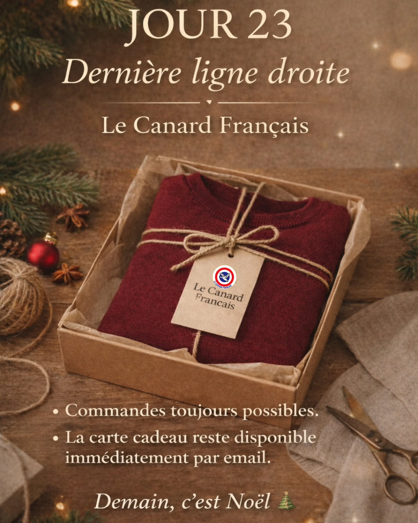 🎄 Jour 23 – Calendrier de l’Avent
À quelques heures de Noël,
chaque détail compte.
🎁 Commandes toujours possibles
👉 pièces durables et soignées
👉 broderie réalisée avec attention
👉 préparation rigoureuse dans notre atelier
Pour les cadeaux de dernière minute,
la carte cadeau reste disponible immédiatement par email.
Demain, c’est Noël 🎄
#LeCanardFrançais #CalendrierDeLAvent #Jour23 #DerniereLigneDroite #IdeeCadeau #CadeauDeNoel #ModeResponsable #SavoirFaire #CarteCadeau