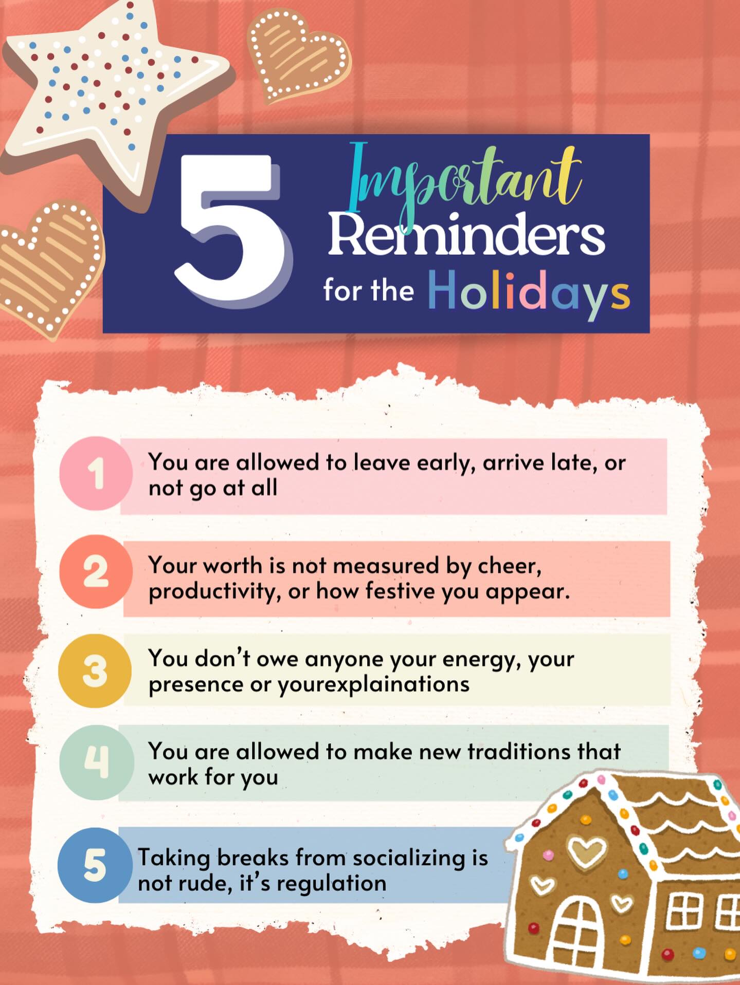 The holidays can be a wonderful time, but they can also be a lot for our nervous systems.
Here are a few gentle reminders you can come back to whenever you need them 🤍
Save this for later and take what supports you.
#neurodivergent #counselor #adhd #selfcarematters #holidays