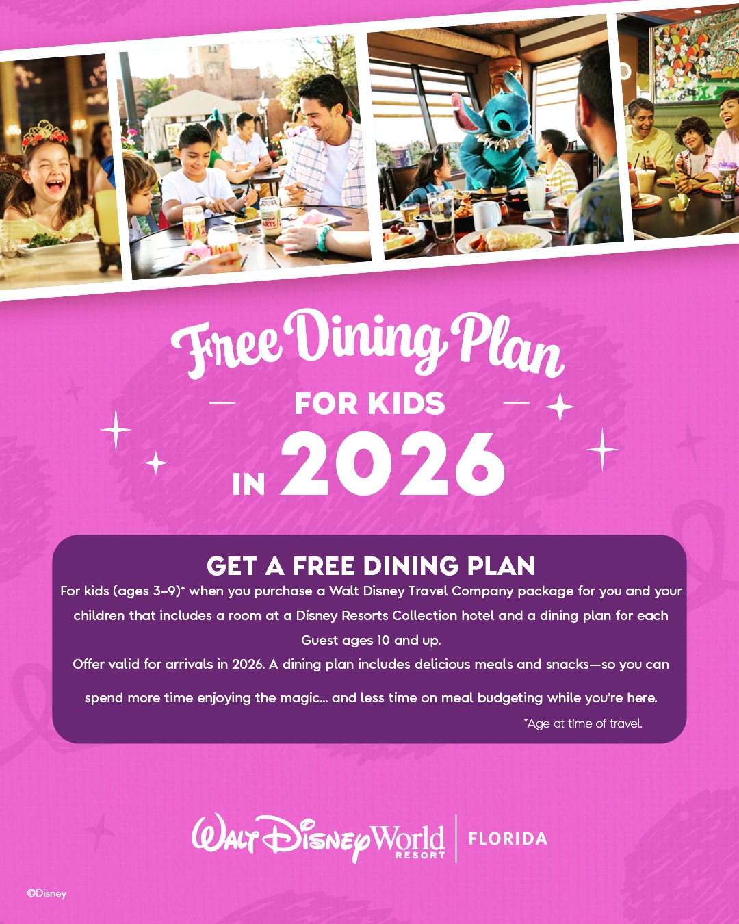 KIDS EAT FREE!!! Book a 2️⃣0️⃣2️⃣6️⃣ Walt Disney World vacation and kids get a Free Dining Plan! 🍔🥗🍦🥤