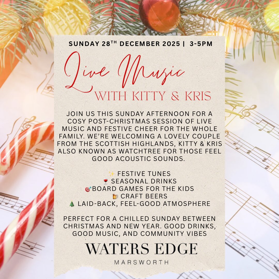 ✨ Live Music with Kitty & Kris ✨
Join us on Sunday 28th December (3–5pm) for a cosy, feel-good afternoon of live acoustic music, festive drinks, and relaxed community vibes.
We’re welcoming a lovely couple from the Scottish Highlands, Kitty & Kris also known as Watchtree bringing warm harmonies and feel-good Christmas tunes.
Watchtree play acoustic guitar and vocals with a varied set list! From 60s to contemporary for all tastes and seasonal tunes🎄
Settle in with a mulled wine, treat yourself to a Baileys hot chocolate, or craft beer, all while soaking up the relaxed winter vibes and great music.
✨ Festive tunes
🍷 Seasonal drinks
🎯Board games for the kids
🍺 Craft beers
🎄 Laid-back, feel-good atmosphere