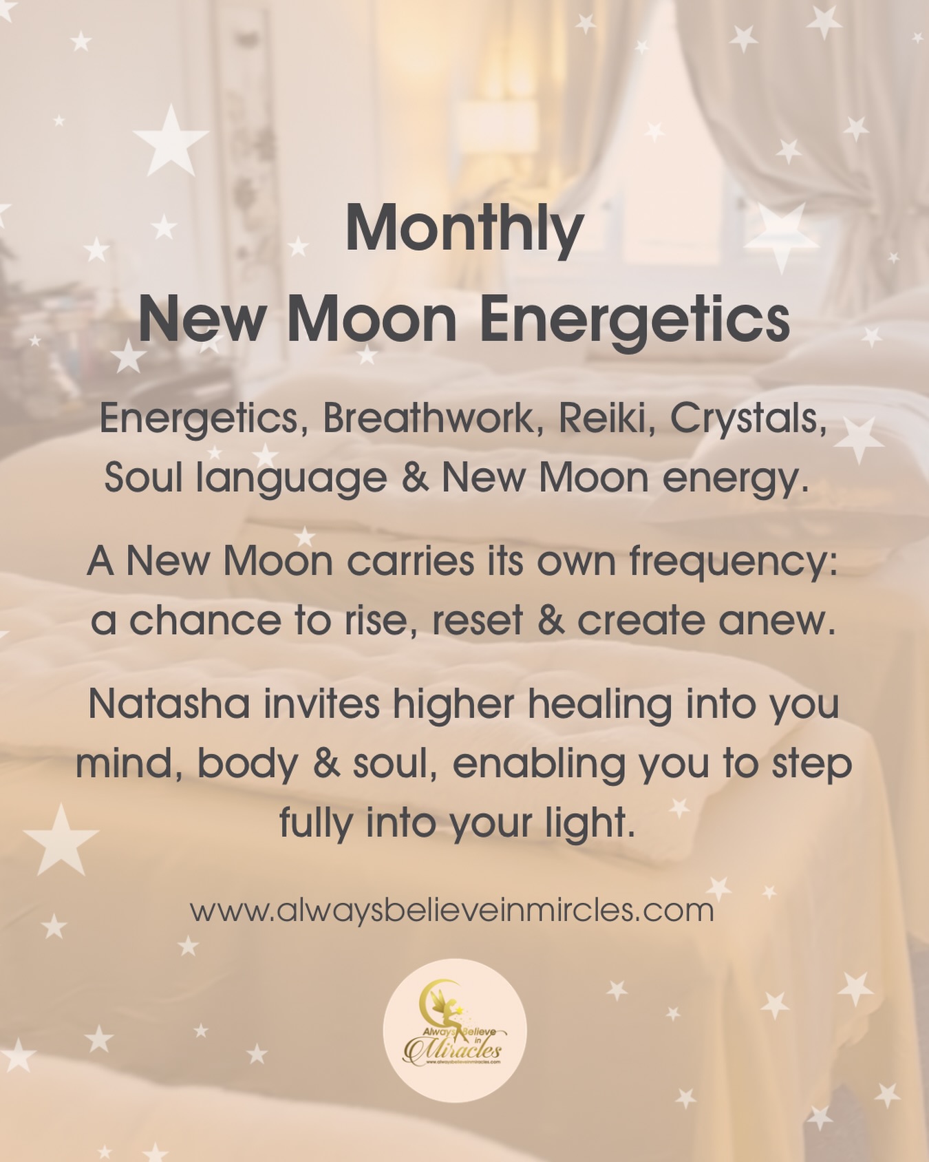 New Moon Energetics with Natasha 🌑✨
The New Moon is a cosmic reset — a moment to release what’s been and consciously call in what wants to become.
Each month starting in 2026, I will be holding intimate New Moon Energetic evening at Always Believe In Miracles Studio in Essex, weaving together energetics, breathwork, Reiki, crystals, soul language and New Moon intention work. This is a space to soften, clear emotional and energetic blocks, realign your field and reconnect with your inner guidance.
With only 5 people per gathering, each soul is deeply held and supported, allowing for powerful shifts, clarity and renewal.
🌑 January New Moon is SOLD OUT 🙏🏼
🌙 Next gathering: Wednesday 19th February
📍 Always Believe In Miracles Studio, Margaret Roding Essex
✨ Limited to 5 spaces, all on your own bed💫
Come as you are. Leave feeling lighter, clearer and aligned with what you are ready to receive.
DM to book for February 19th ✨
Year of the Horse activated ✔️
#yearofthehorse #newmoon #energy #energetics #alignment