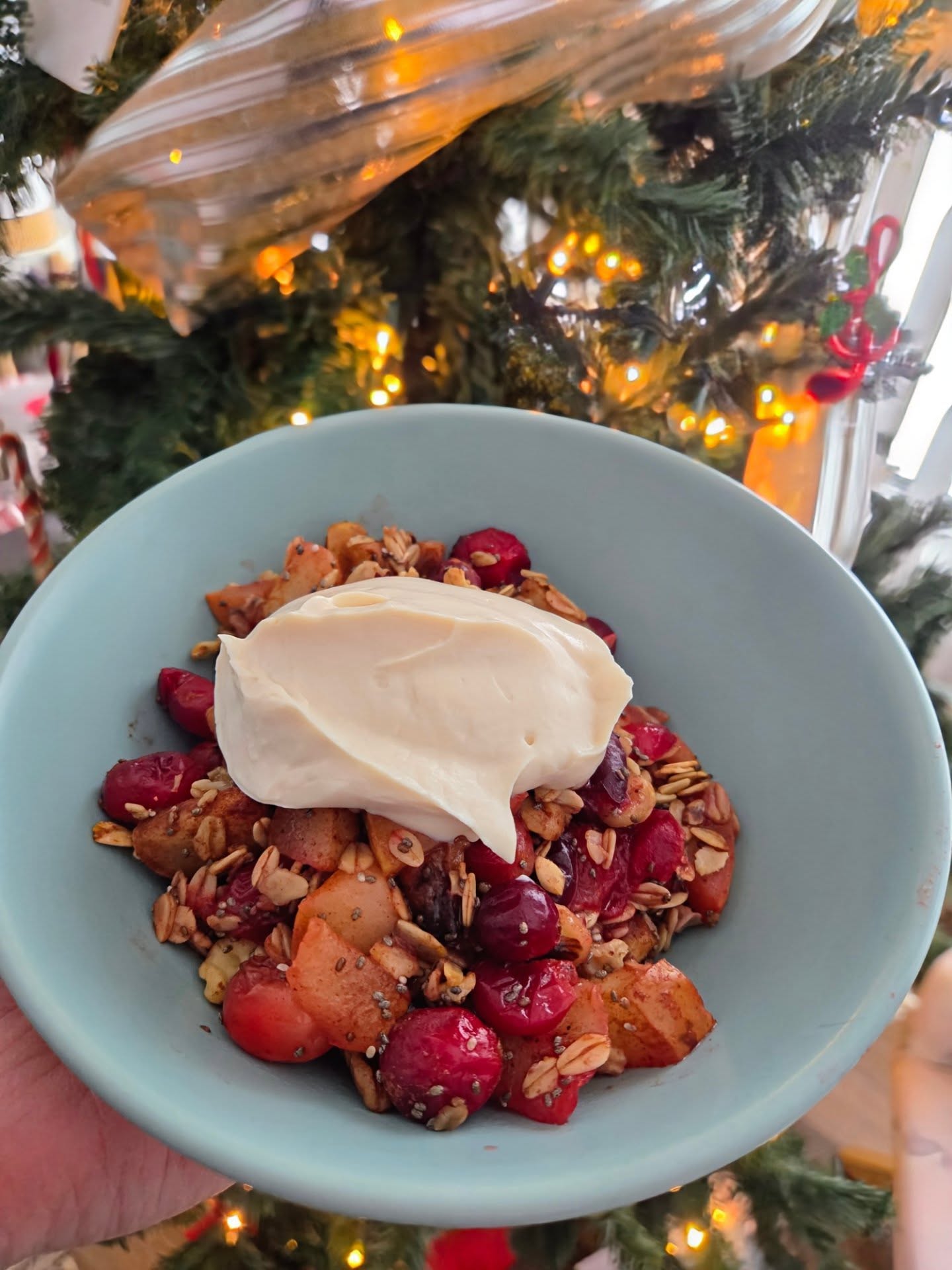 šCranberry Pear Oat Bake- a Nutritious Festive Breakfast!
Ingredients:
Fruit base
3ā4 ripe pears, sliced or chopped (skin on)
1½ cups whole fresh cranberries
1 tbsp lemon or orange juice
1ā2 tbsp maple syrup or honey
1 tsp cinnamon
¼ tsp ground ginger or nutmeg
Pinch of sea salt
Oat topping
¾ cup rolled oats
¼ cup chopped walnuts or pecans
1 tbsp ground flax or chia seeds
2 tbsp coconut oil or butter, melted
1ā2 tbsp maple syrup (optional)
Splash of vanilla
Instructions:
Preheat oven to 375°F (190°C).
In a bowl, toss pears, cranberries, citrus juice, spices, salt, and sweetener.
Spread evenly in a lightly greased baking dish.
Mix all oat topping ingredients until crumbly.
Sprinkle topping evenly over fruit.
Bake 35ā40 minutes, until cranberries burst, pears are soft, and topping is golden.
I added a couple of scoops of vanilla protein yogurt to keep things balanced!
Merry Christmas š Wishing you and your family a safe and happy holiday season!